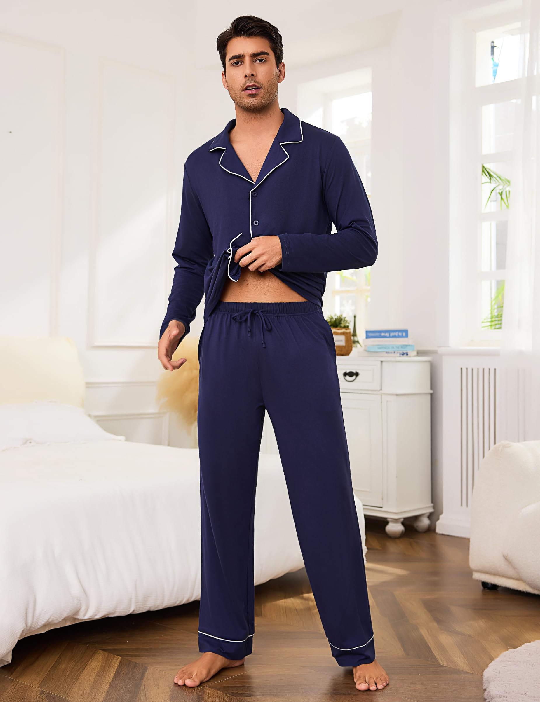 Bresdk Pigiama Uomo Cotone Lungo Invernale Manica Lunga con Bottoni Pigiami Due Pezzi Classico Aperto Davanti Caldo e Morbido