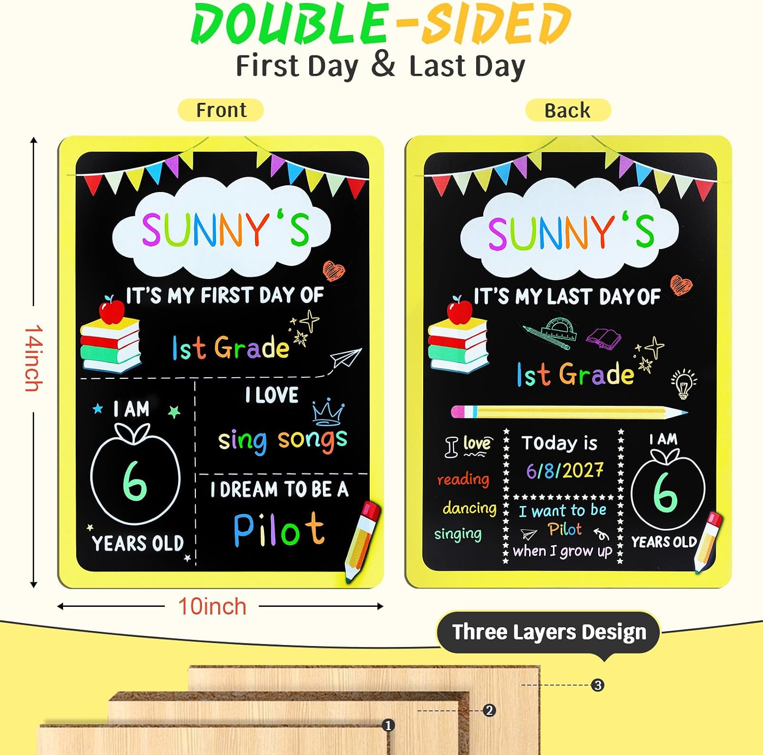 My First & Last Day of School Sign, 14" x 10" Reusable Wooden Chalkboard