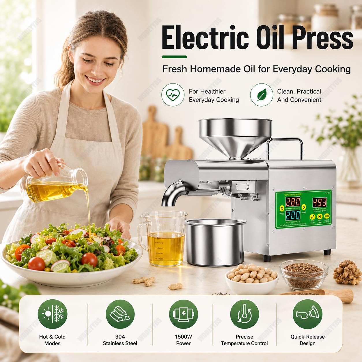 Presse à Huile électrique 1500W–Double Mode de Pressage à Froid et à Chaud–Construction en Acier Inoxydable de Qualité Alimentaire Pour Une Extraction D'huile Saine et Pure,110V/220V