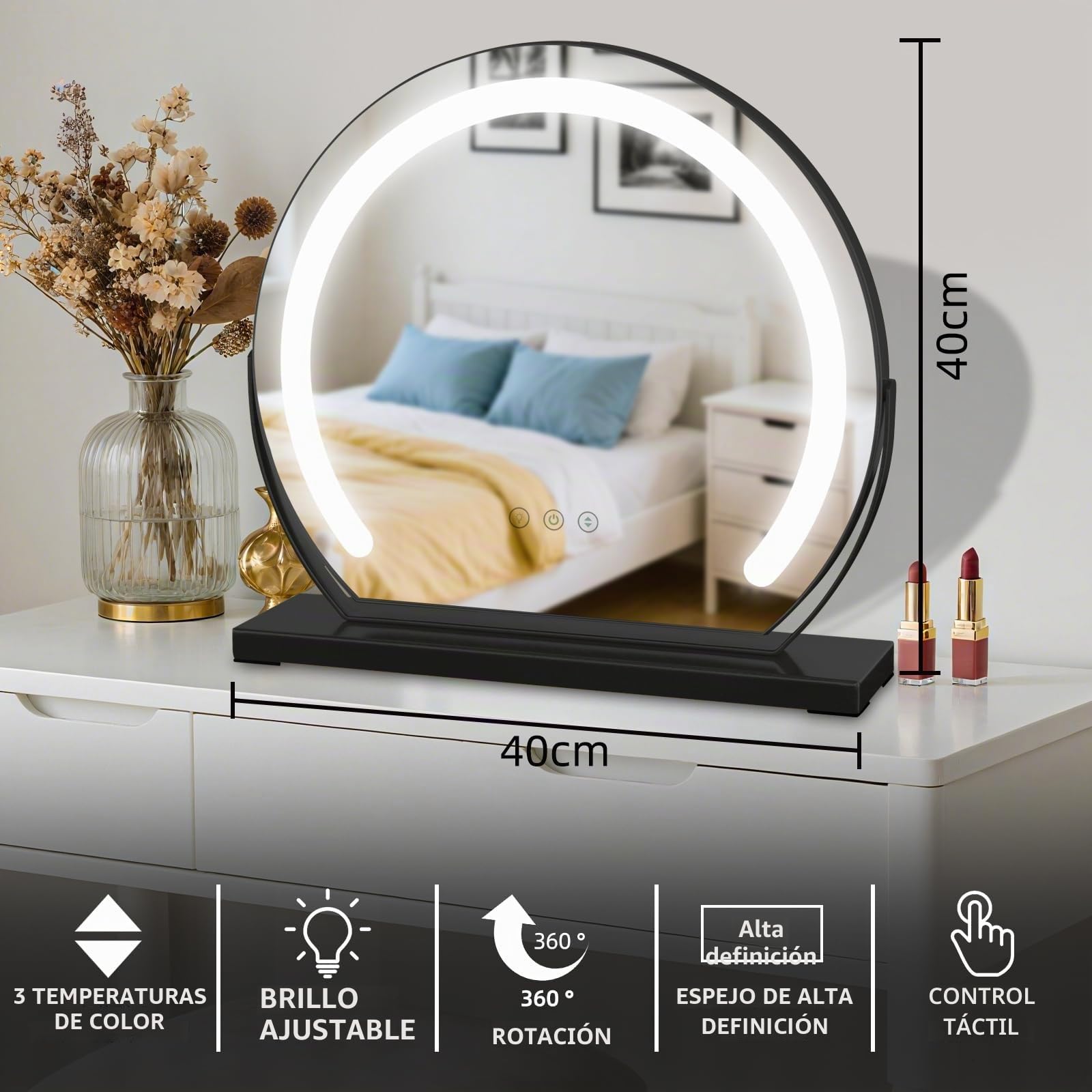 Espejo de maquillaje con iluminación, 40 x 40 cm, espejo de maquillaje giratorio en negro con LED de 9 W, 3 botones táctiles y atenuación continua, espejo de mesa moderno para maquillaje, baño