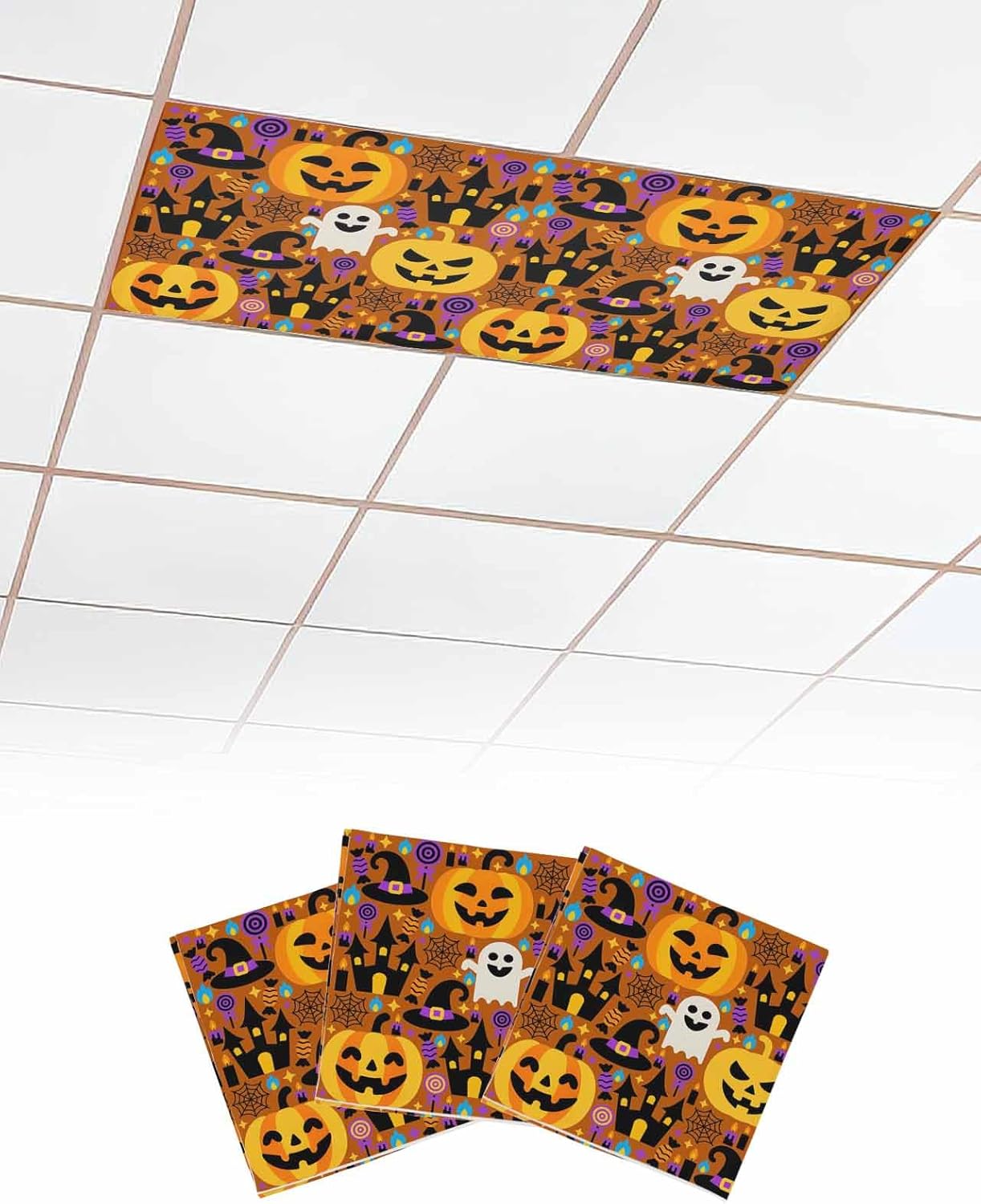 Halloween Fluorescent Light Covers for Ceiling Lights 4x2 feet,3 Pack Magnetic Light Filters for Classroom,Orange Yellow Pumpkin Ghost Candy Castle Fluorescent Lamp Shade Panel for Office School Drop