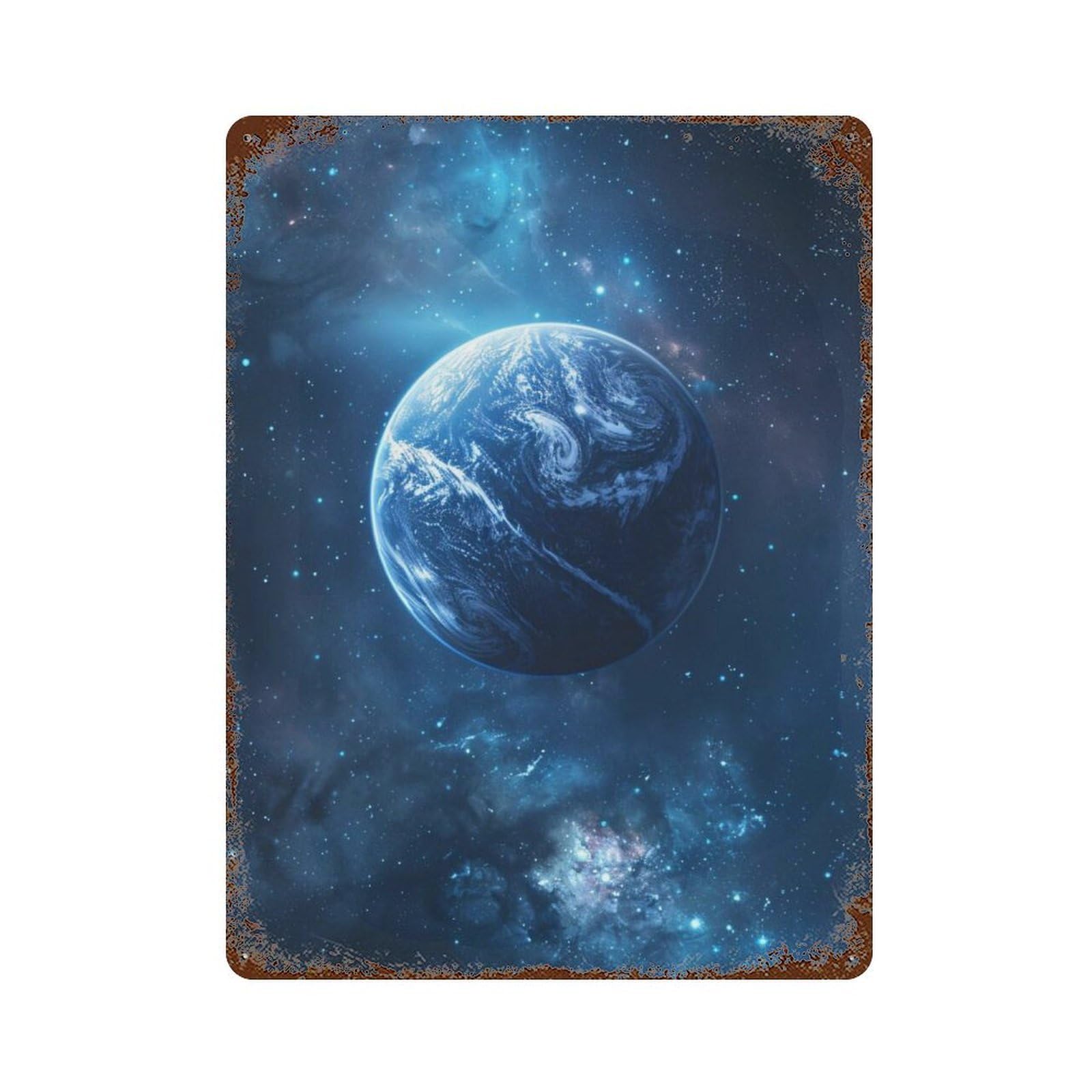 Earth in Space Wallpaper 15.7"x11.8" Distressed Metal Wall Sign, Shabby Chic Decor for Shed, Workshop And Garage Wall Decor