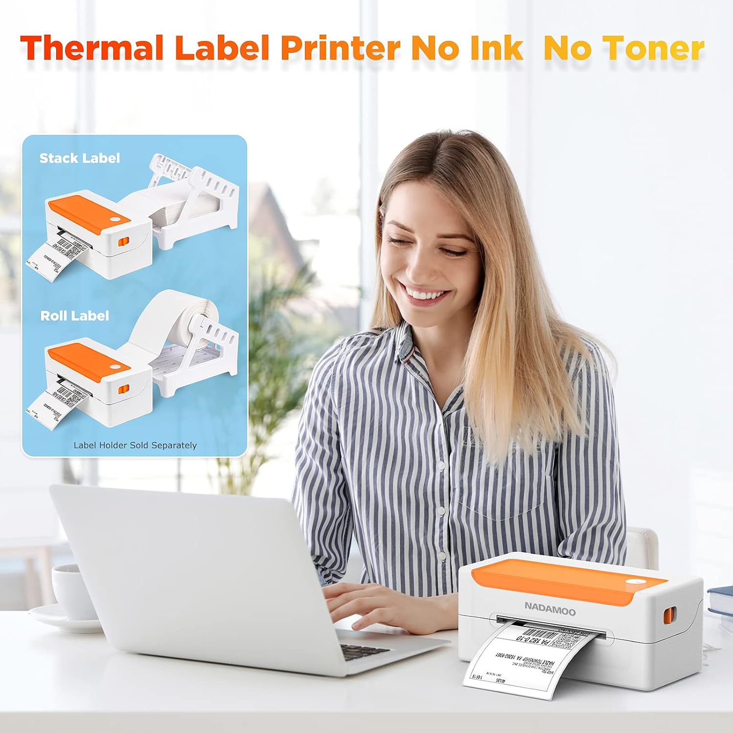 NADAMOO Thermal Label Printer showing stack and roll label loading methods