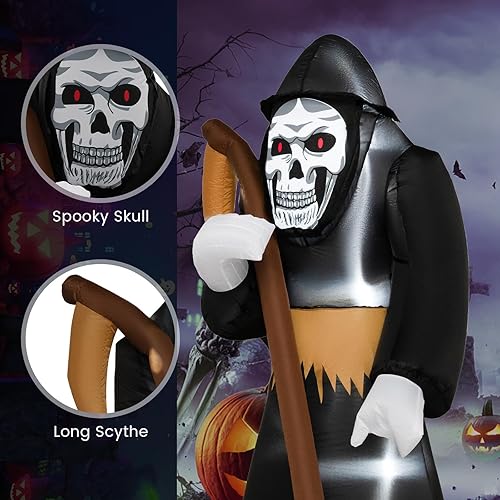Miniatura 6 de GOFLAME Parca inflable de Halloween de 8 pies con guadaña, decoración de patio inflable con luces LED integradas, 2 bolsas de arena, fantasma