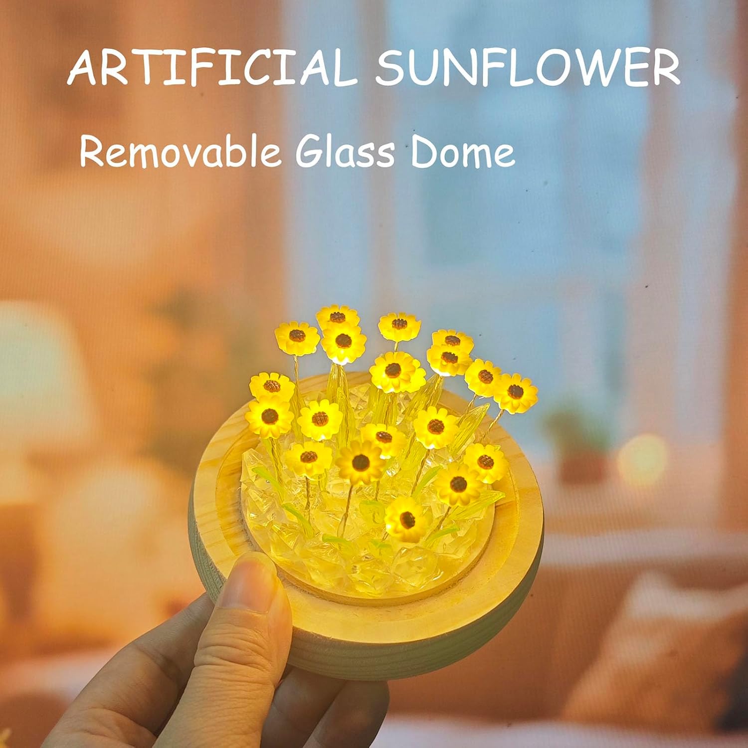 Unique Sunflower Mothers Day Gifts for Mom, Sunflowers Night Light Small Glass Flower Lamp with Wooden Base for Home Decor,Cute Birthday Gift for Woman Girlfriend Sister Grandma Wife Her