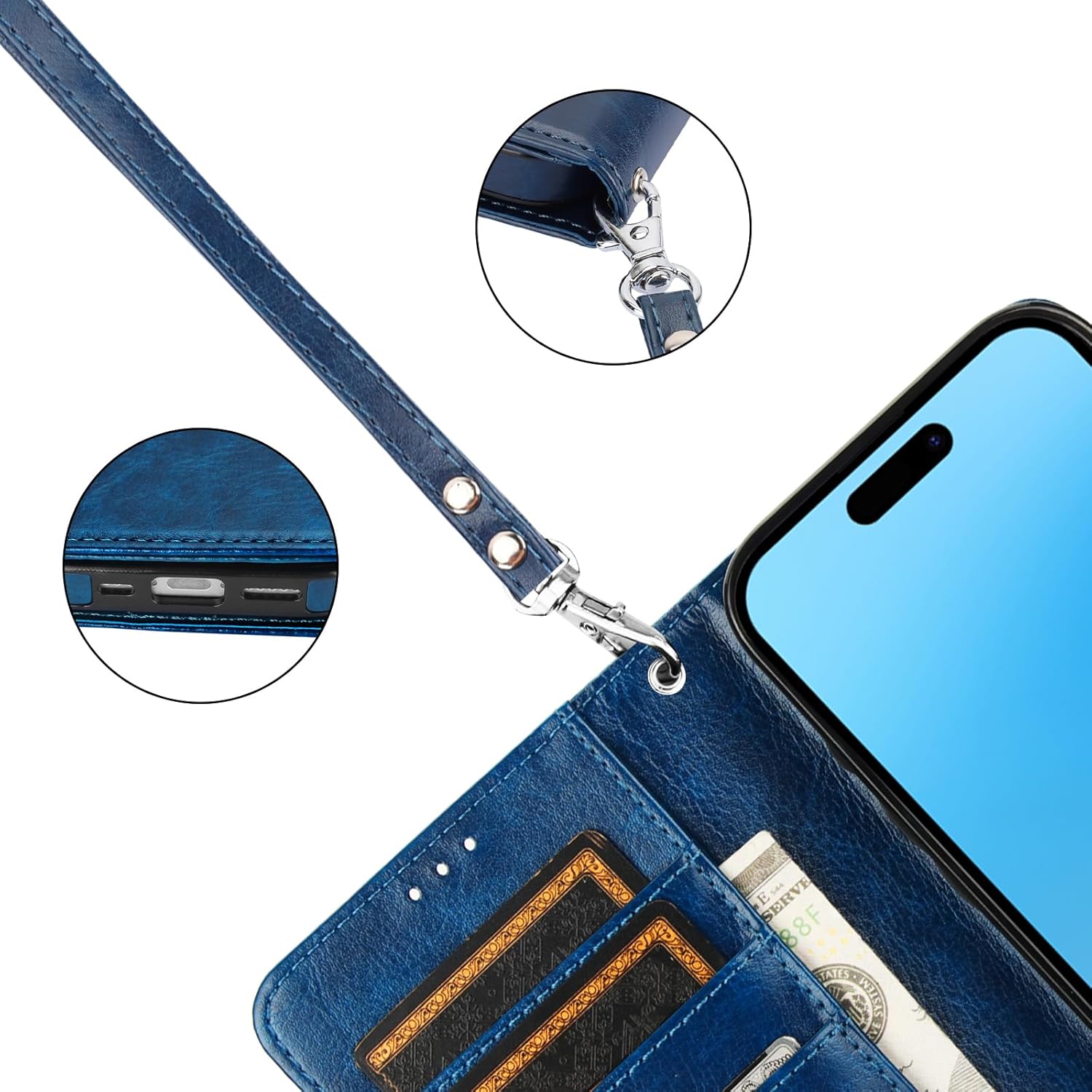 Bocasal Detachable Wallet Case for iPhone 16 Pro RFID Blocking Card Slots Holder Premium PU Leather Magnetic Kickstand Shockproof Wrist Strap Removable Flip Protective Cover 5G 6.3 inch (Blue)