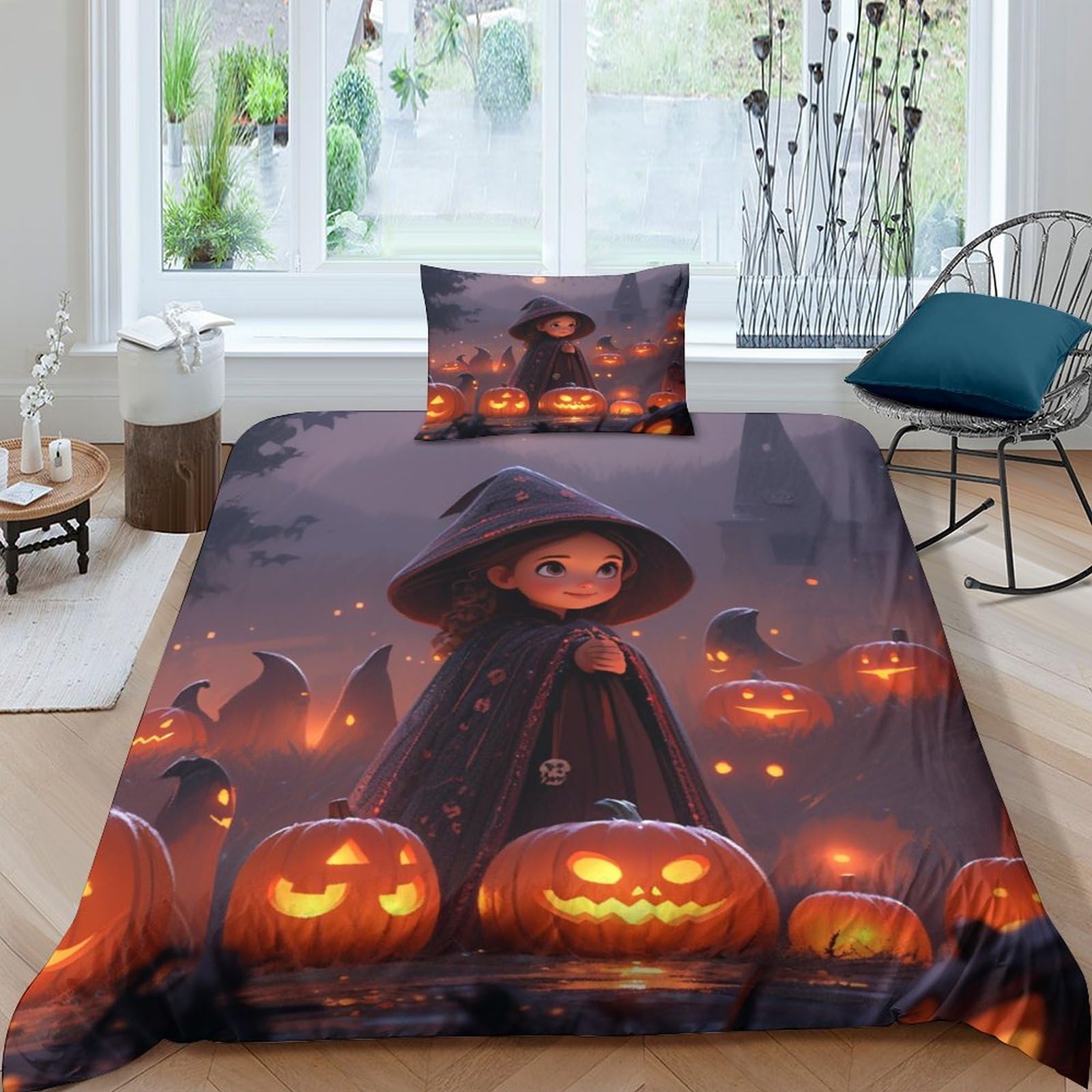 Housse de couette fille sorcière parure de lit 3 pièces pour décorer la chambre ado à Halloween