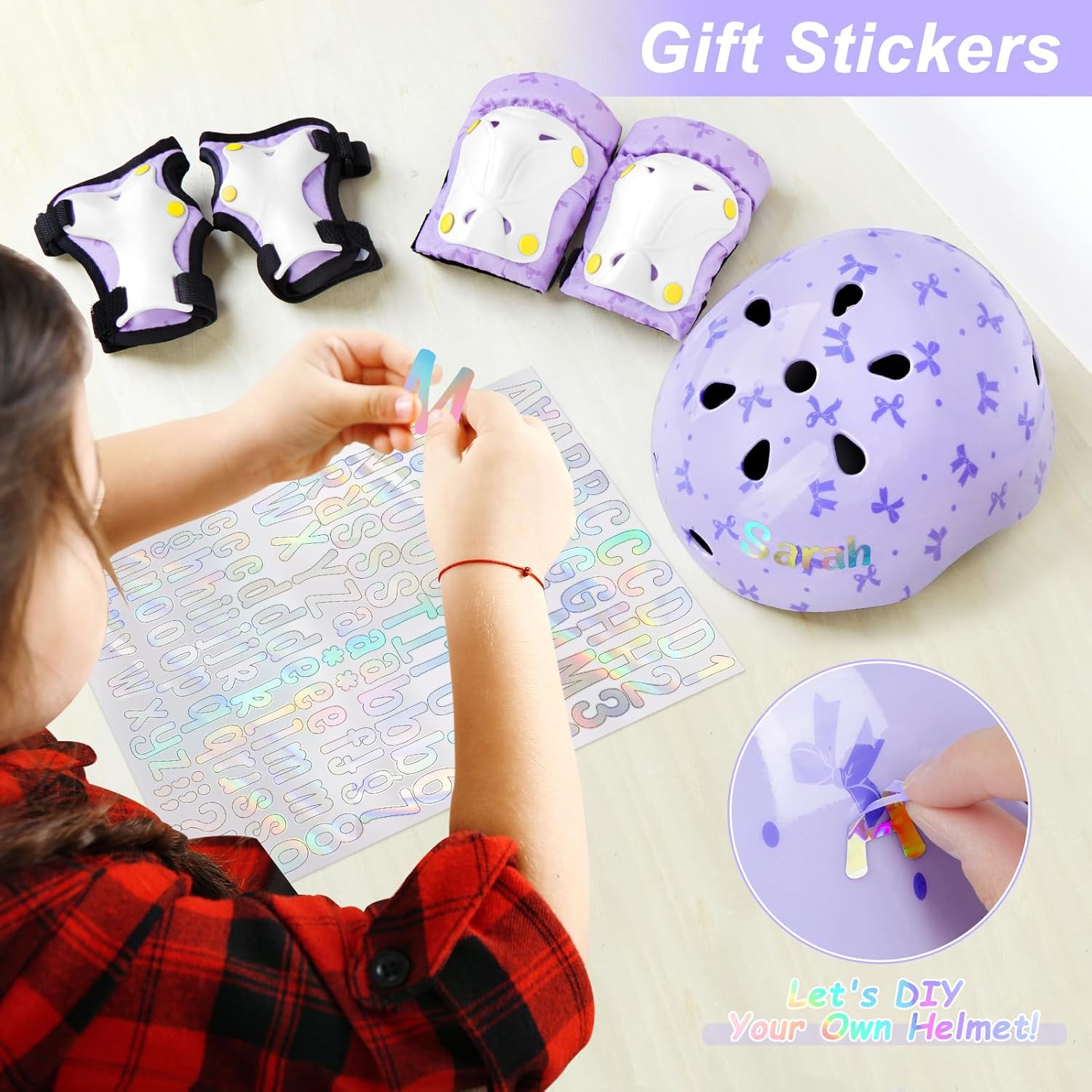 Kids Helmet, Toddler Bike Helmet with DIY Stickers Unicorn Knee Pads and Elbow Pads Set Adjustable Protective Gear Set for Girls Age 3-5-8 Years fit Roller Skates, Bicycle, Skateboarding, Scooter
