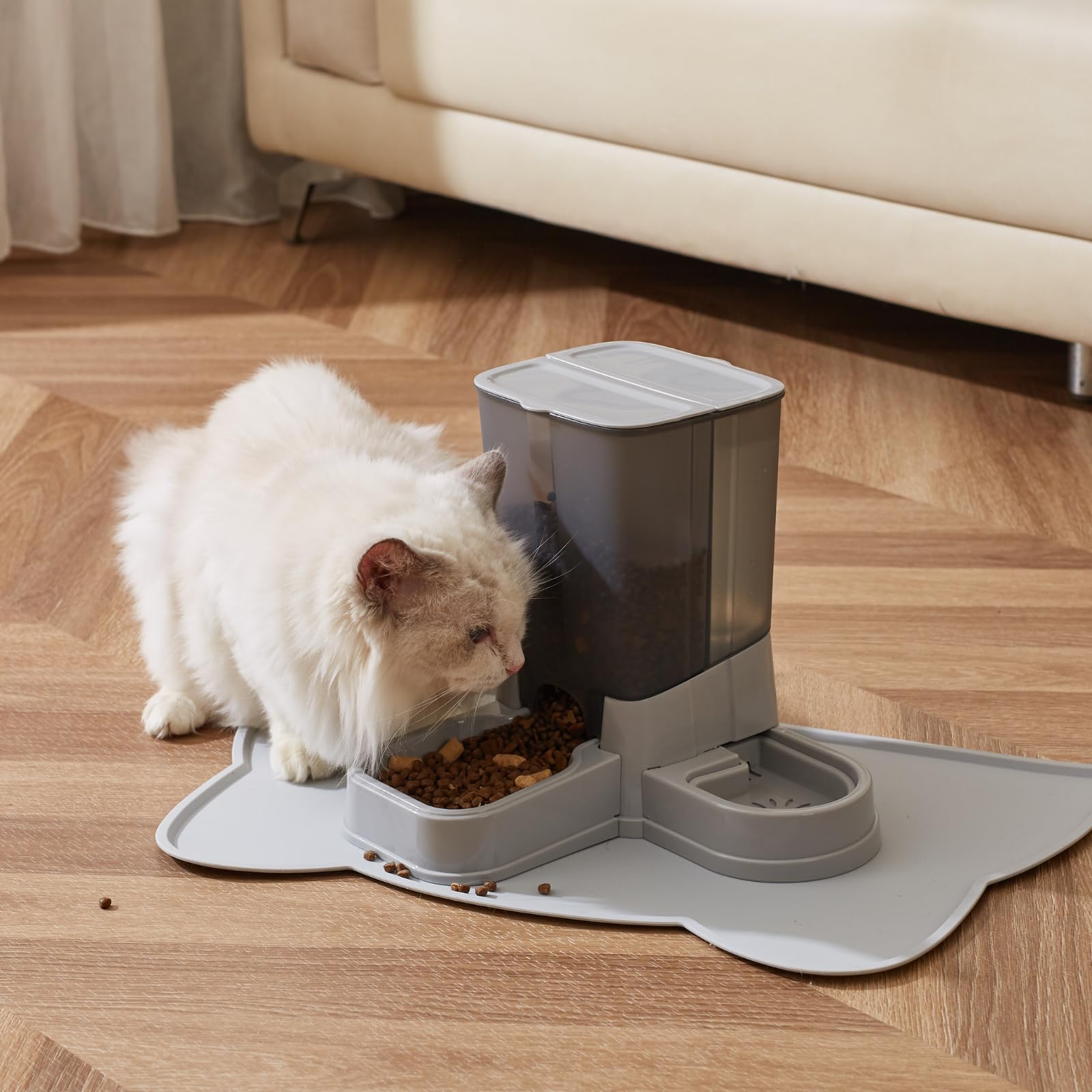 Automatischer Katzenfutterspender, 2-in-1 Abnehmbarer Schwerkraft-Futter- und Wasserspender für Katzen und kleine Hunde (Grau)