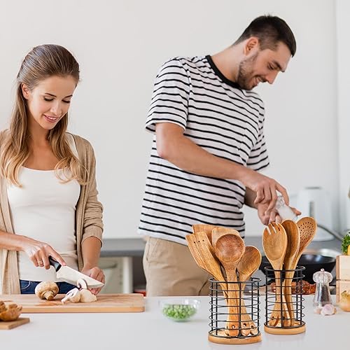 Miniatura 7 de 2 soportes para utensilios de cocina, de 5.1 x 5.1 x 5.8 pulgadas y 3.7 x 3.7 x 5.8 pulgadas, ganchos negros de metal con base de madera, fáciles de