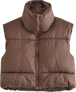 Women's Cropped Puffer Vest Zip Up Stand Collar Sleeveless Outerwear with Pockets