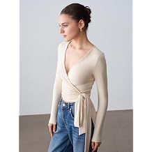 DILVIN Kad n Uzun Kollu Kruvaze Crop Top V Yaka Ba lamal  V cuda Oturan  rme Bluz