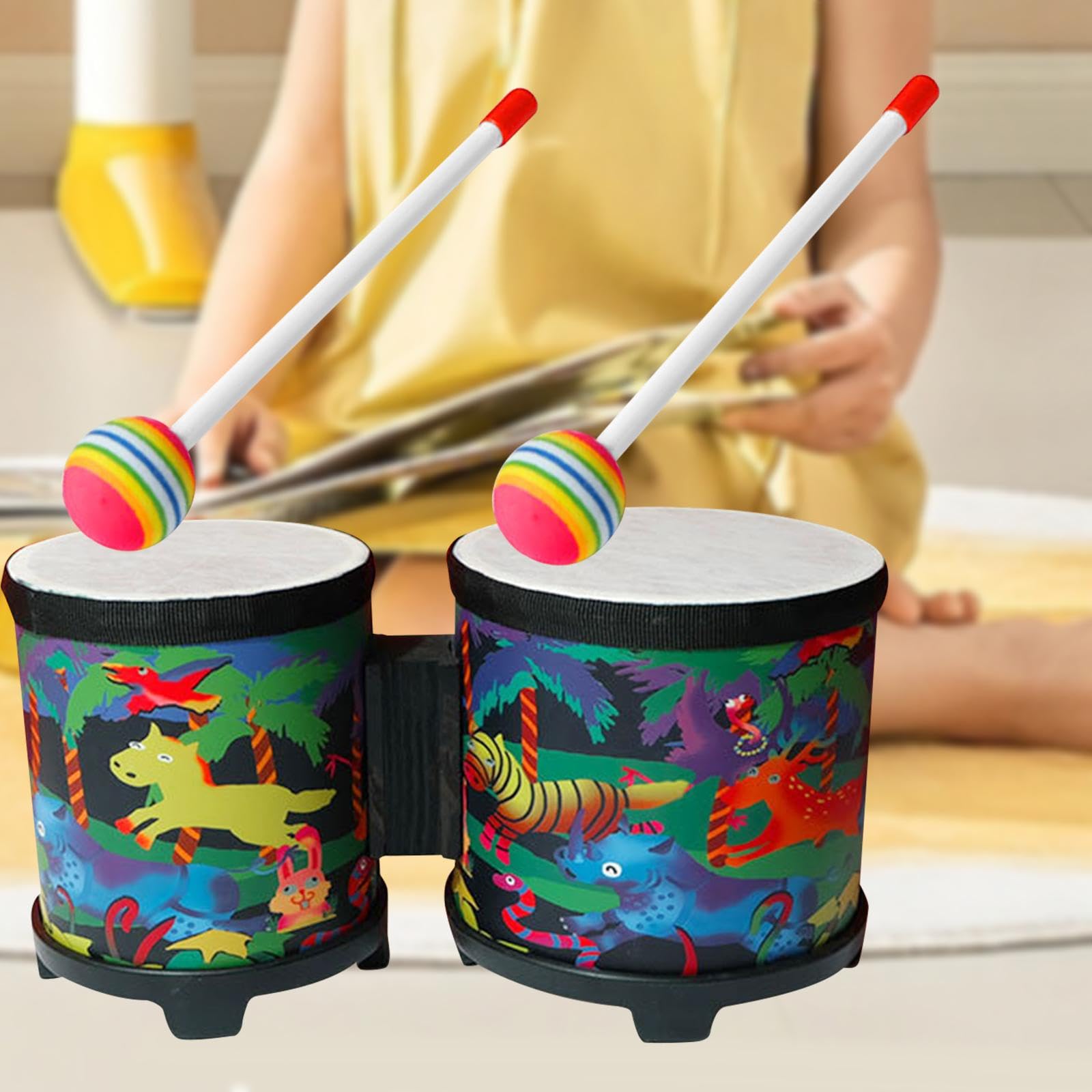 Perfeclan Üben Sie Bongos-Musik-Erleuchtungs-Trommel-Schlaginstrument-pädagogisches Spielzeug 5'' und 6'' Bongo-Trommel-Set für Profis, Tier