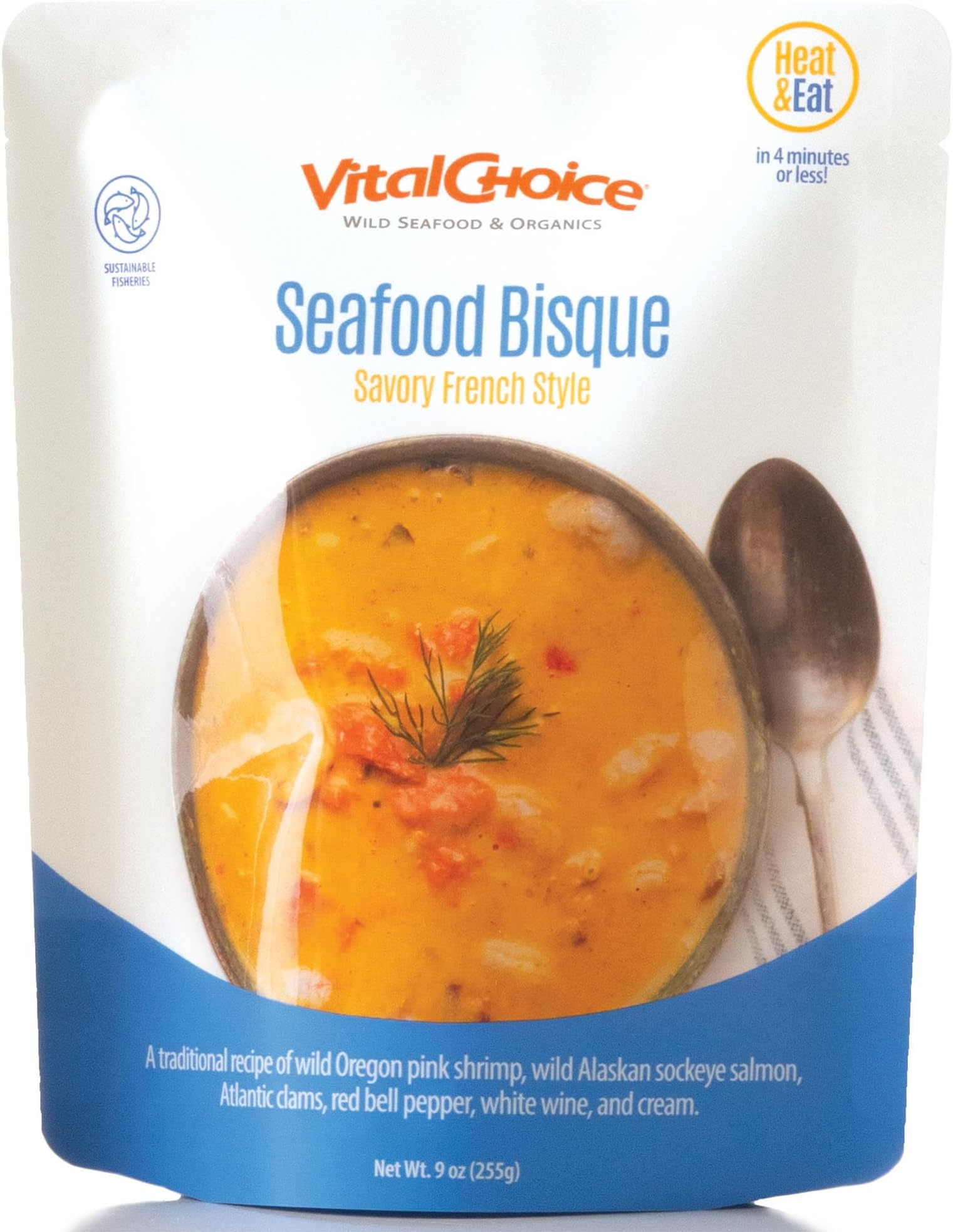 Vital Choice Savory Seafood Bisque, Heat-And-Eat Food Pouches, Wild Caught Seafood, Sustainably Caught Shrimp, Sockeye Salmon, Atlantic Clam, Red Bell Pepper, 9-Oz Pouches, 3 Pack