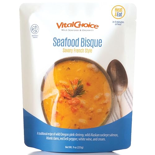 Vital Choice Savory Seafood Bisque, bolsas de comida para calentar y comer, mariscos capturados en la naturaleza, camarones capturados de forma