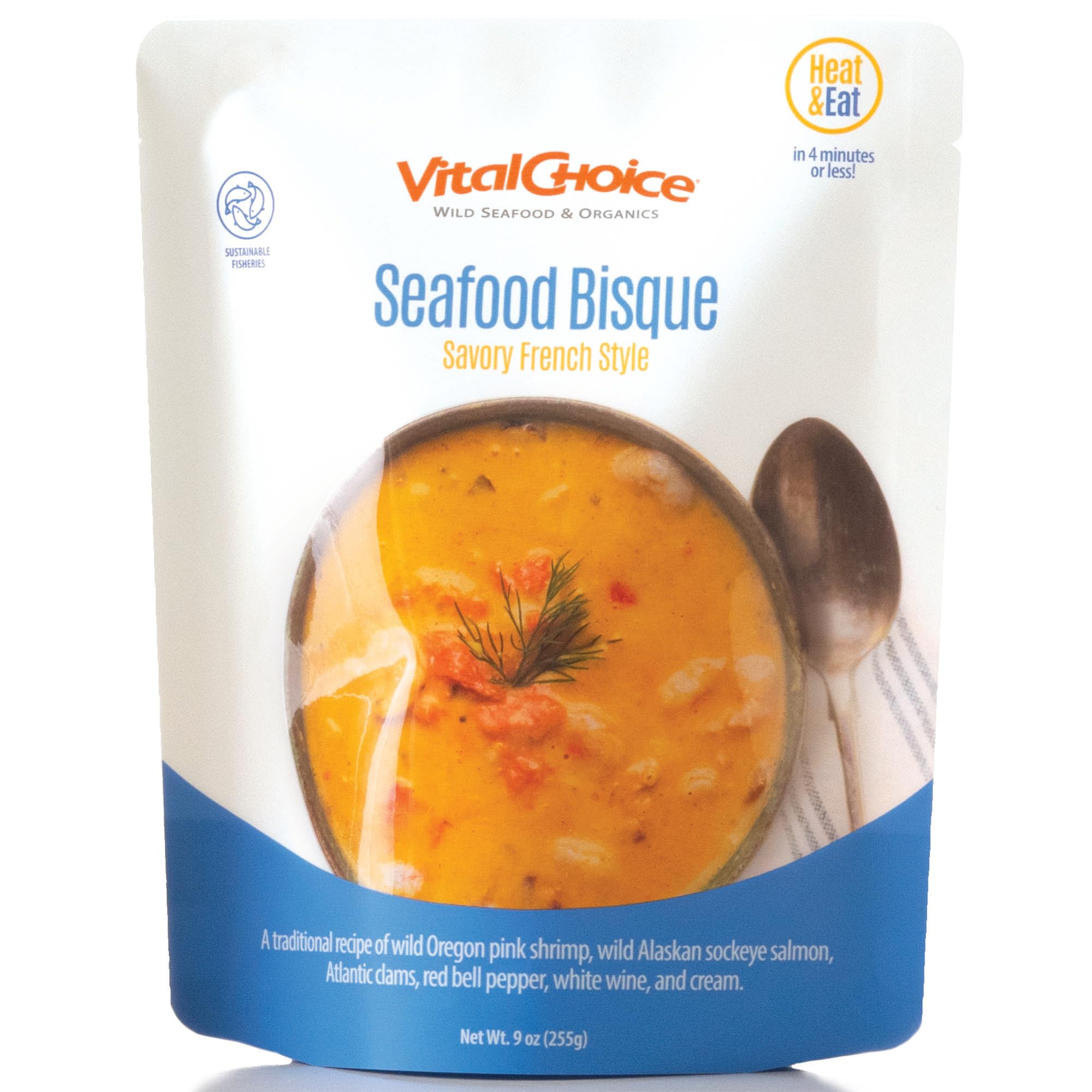 Savory Seafood Bisque, Heat-And-Eat Food Pouches, Wild Caught Seafood, Sustainably Caught Shrimp, Sockeye Salmon, Atlantic Clam, Red Bell Pepper, 9-Oz Pouches, 3 Pack