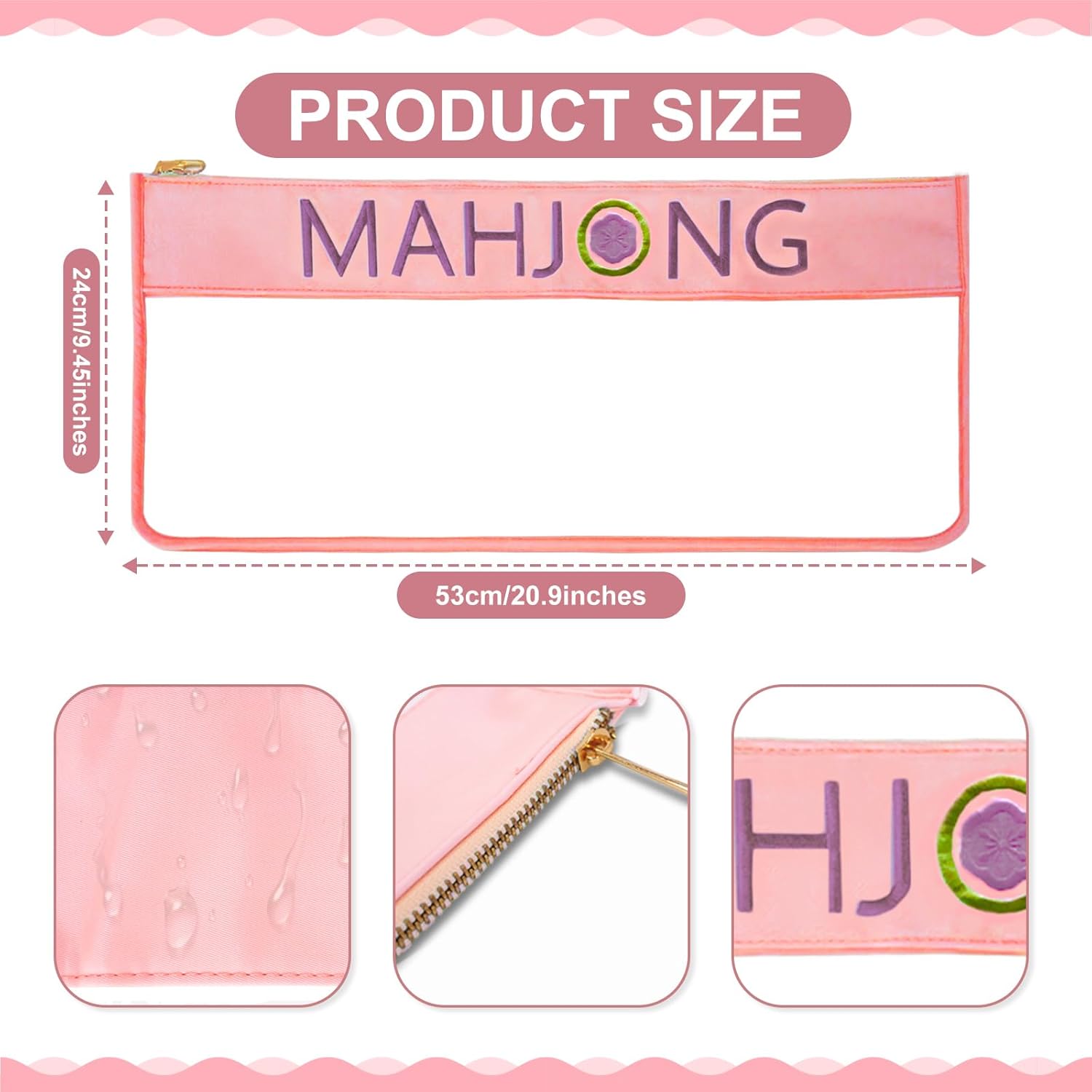 1 PCS American Mahjong Bag, 20.9 x 9.45 Inch Empty Mahjong Tiles Bag with Zippered & Letters, Waterproof Clear PVC Mahjong Accessories Storage Pouch for Travel, Case Only (Pink)
