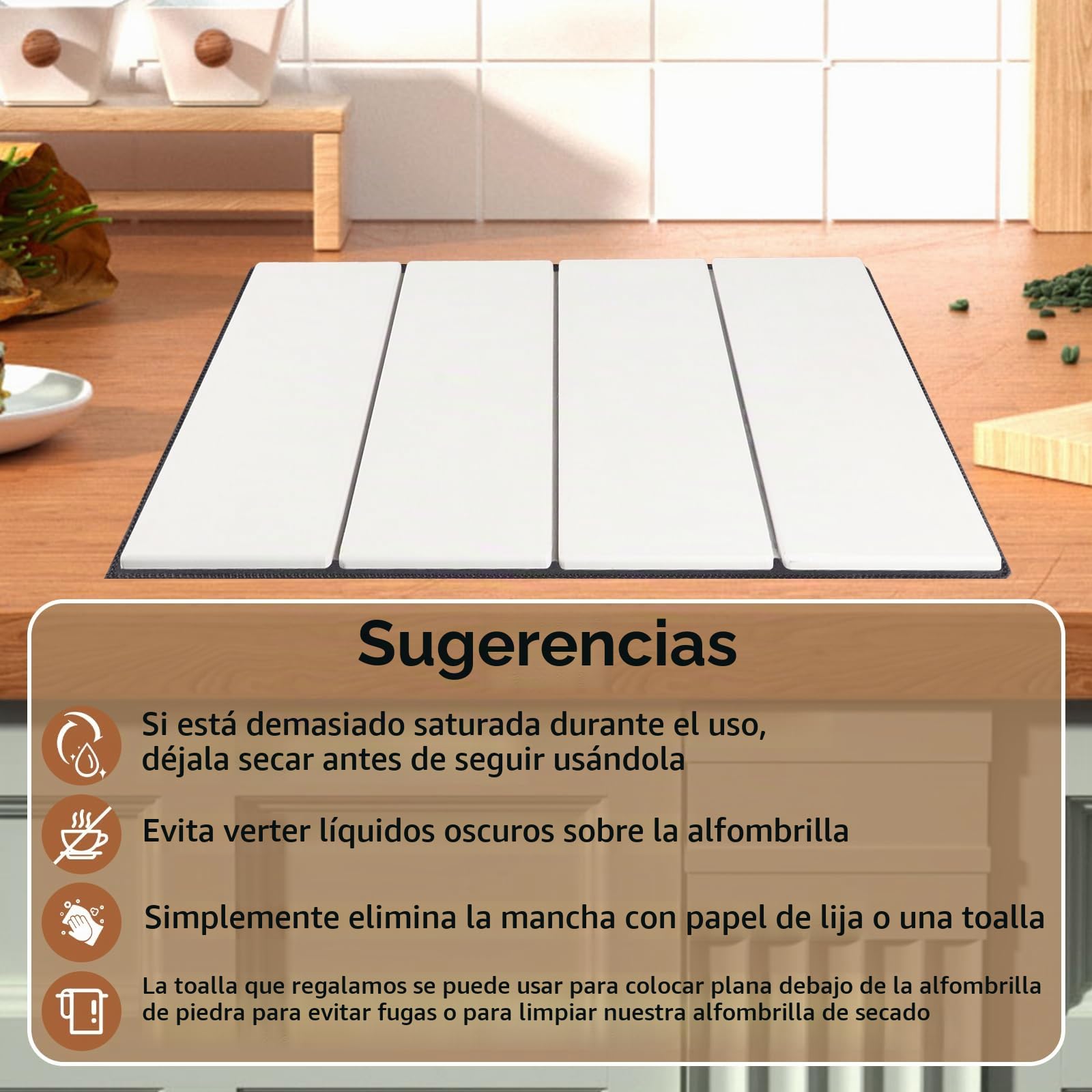 Alfombrilla Escurreplatos de Diatomita, 60x40cm Alfombra de Secado de Piedra Plegable con Toalla, Escurridor de Platos Absorbente Piedra, Secado Rápido, para Fregadero y Cocina Bano Encimera, Blanco