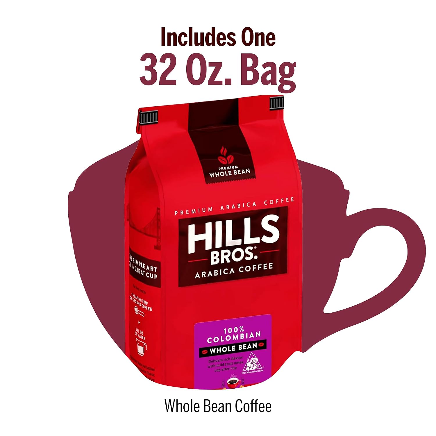 Hills Bros. Colombian Whole Bean Coffee – Rich and Bold Premium Arabica Coffee Beans – Orthodox Union Kosher – Medium Roast, Fresh Grind for Best Aroma & Taste – Colombian, 1 Pack of 32oz