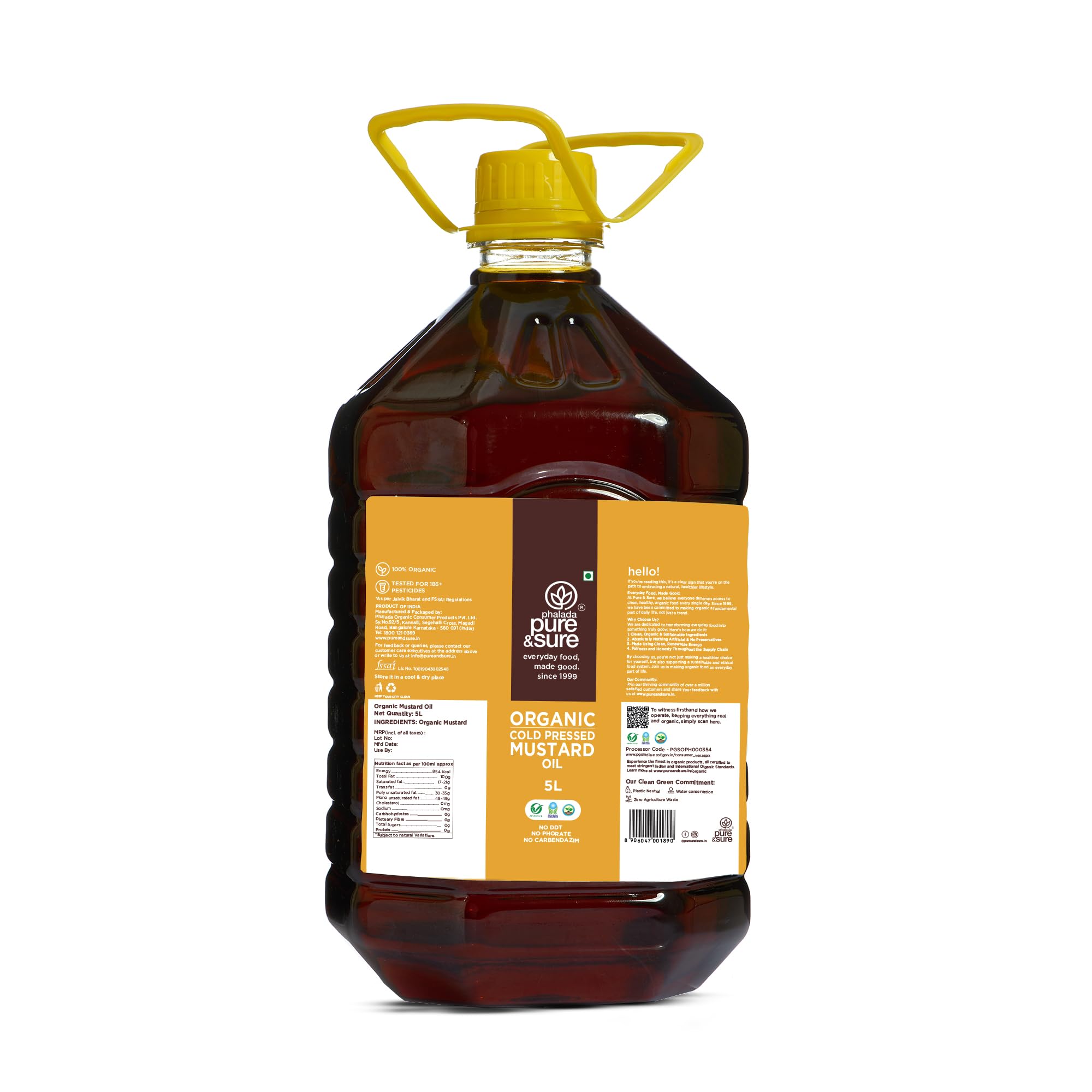 Pure & Sure Organic Cold Pressed Mustard (Kachi Ghani) Oil 5 Litres| 100% Natural Sarso Tel for Cooking, Hair Care & Skin Care | Rich Flavour and Nutrients | Cholesterol Free