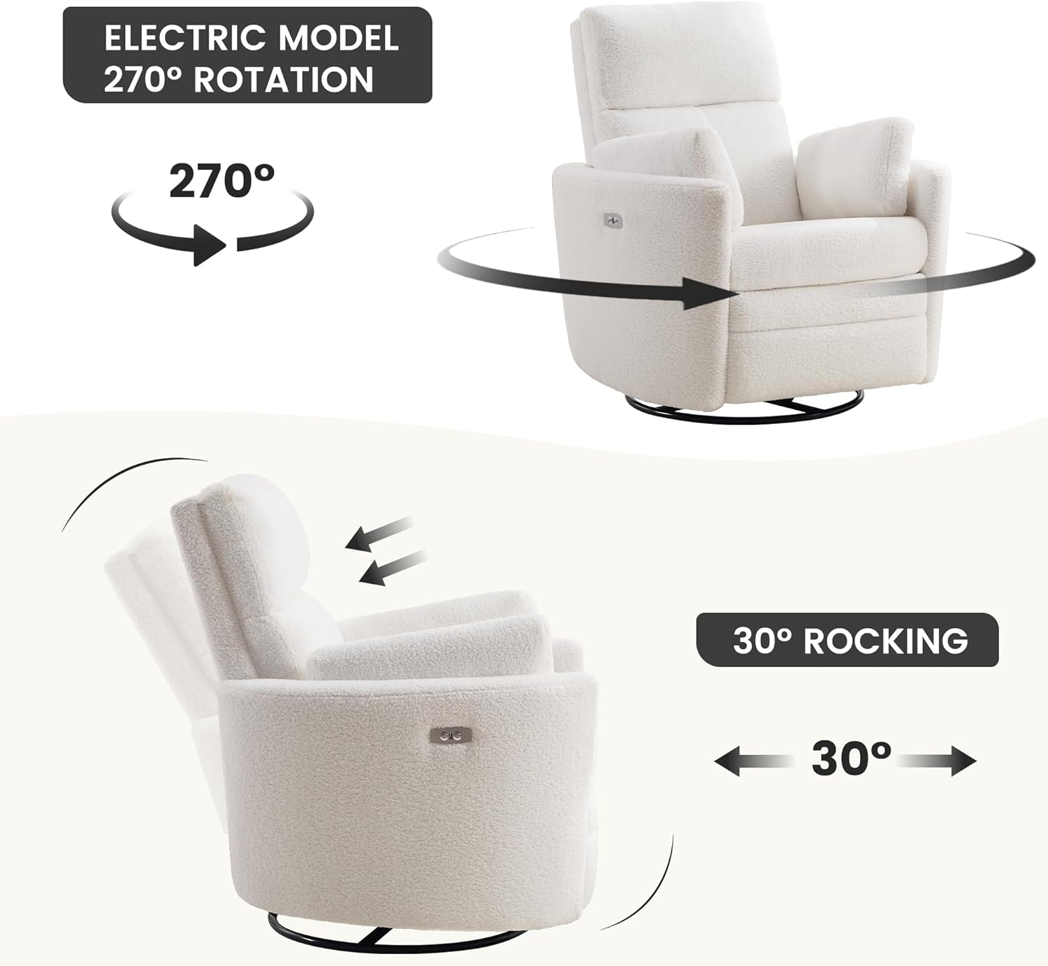 Power Recliner,Nursery Swivel Glider Rocking Chair with USB Port,Upholstered Adult Electric Recliner Rocking Chair with 2 Pillows for Living Room Bedroom (Beige Teddy, Power-Driven)