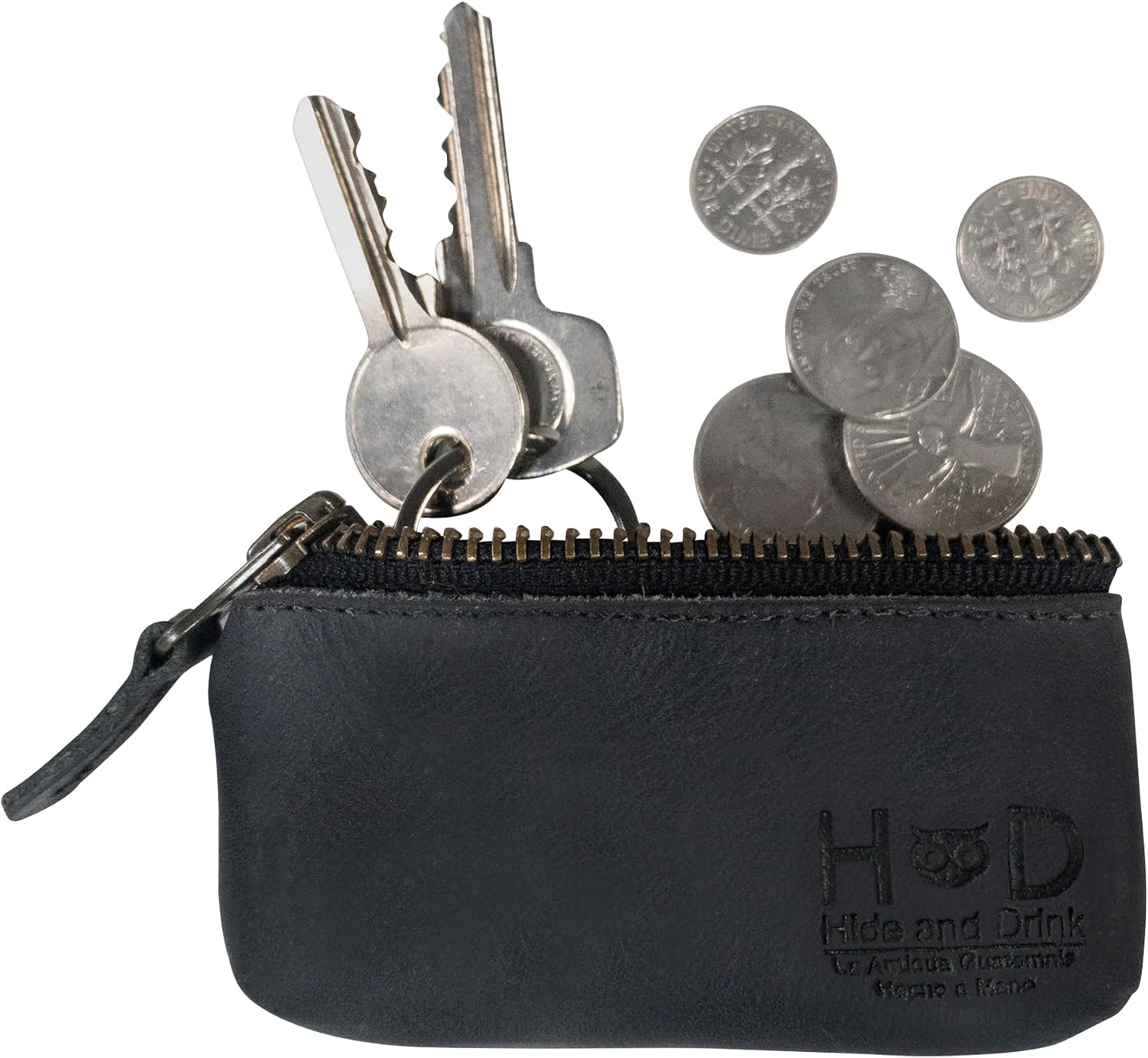 Hide & Drink, Leather Key Holder Pouch, Zippered Coin Bag, Money Purse, Earphone Holder, Charging Cable, Memory Cards Organizer, Vintage Style, Handmade