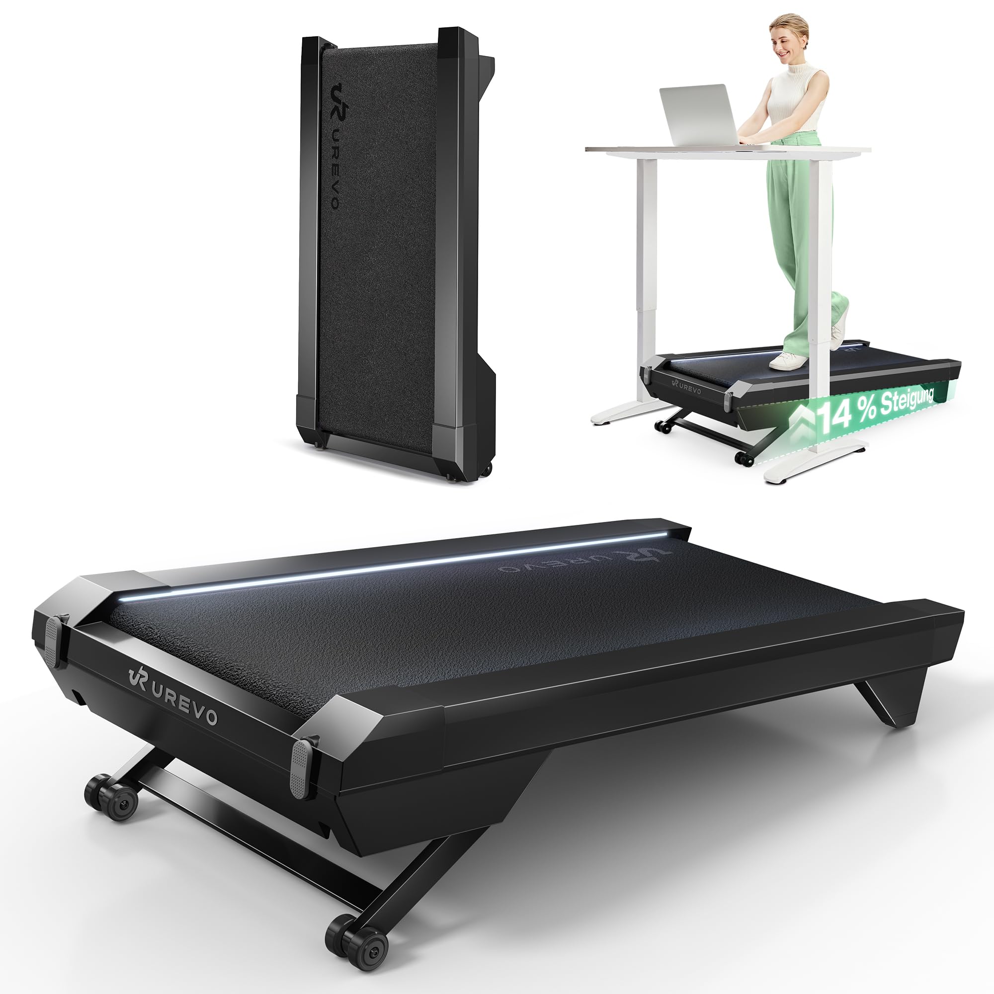 UREVO CyberPad Smart Walking Pad mit 14% Automatik-Steigung, Schlankes Untertisch-Laufband für Fitness im Büro, Leiser Brushless Motor, Großzügige Oberfläche, KI-gestützte App