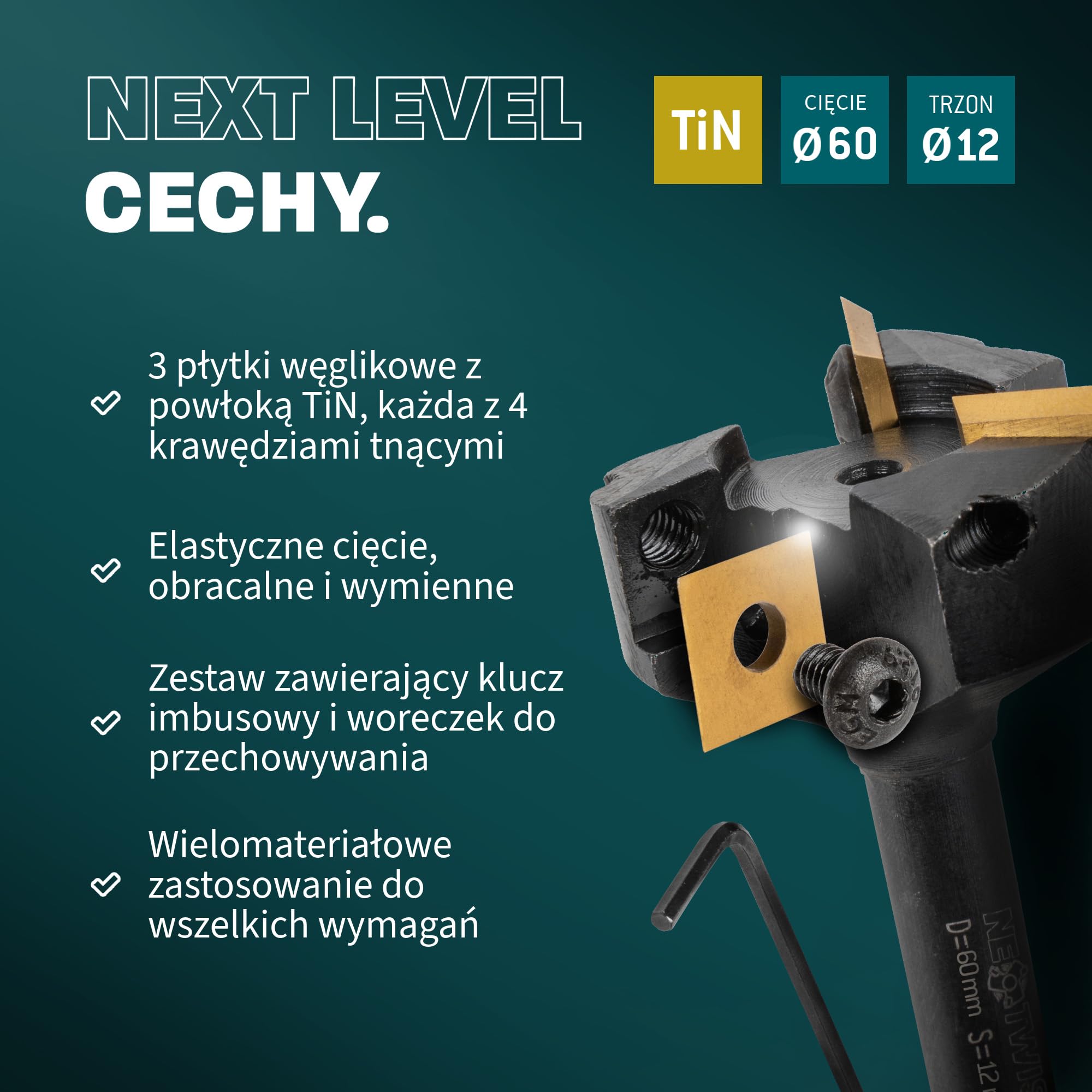 Bayerwald NeoTwister frez czołowy do frezarki górnowrzecionowej do drewna – cięcie Ø 60 mm/trzpień Ø 12 mm – frezowanie płaskie/rowkownice/frezy krawędziowe – wymienne noże – profesjonalne narzędzie,