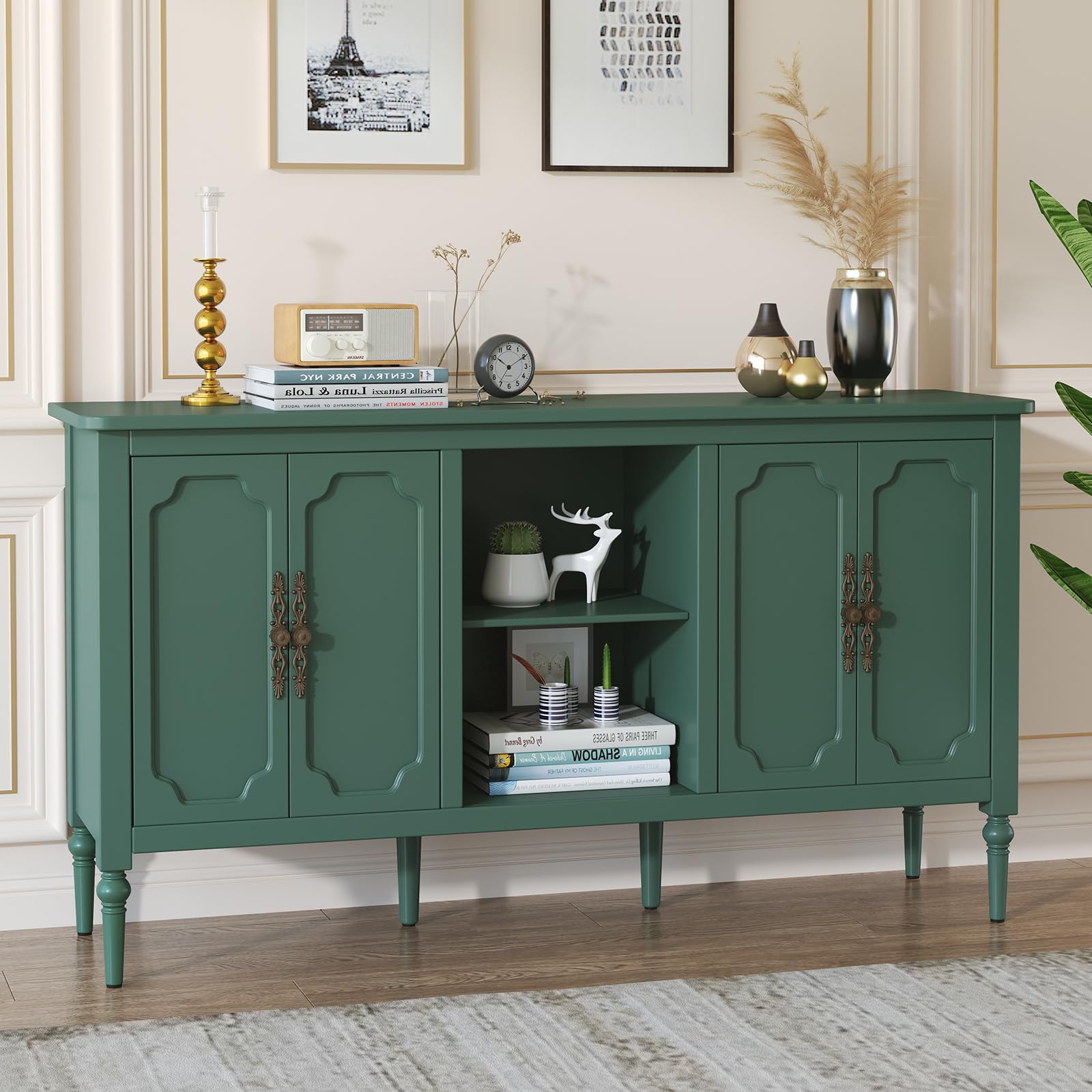 HOLTICO Aparador,Mueble Auxiliar,Cómoda De Almacenaje con 4 Puertas Y Estante Abierto,2 Estantes Ajustables En 3 Niveles,para Salón Comedor Cocina,151x40,5x80cm,Verde