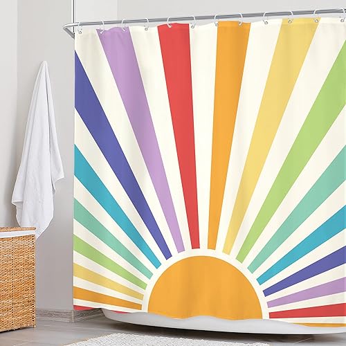 Miniatura 2 de Cortina de ducha boho de los años 70, 72 pulgadas de ancho x 72 pulgadas de alto, retro, abstracta, arco iris, puesta de sol, puesta de sol, linda