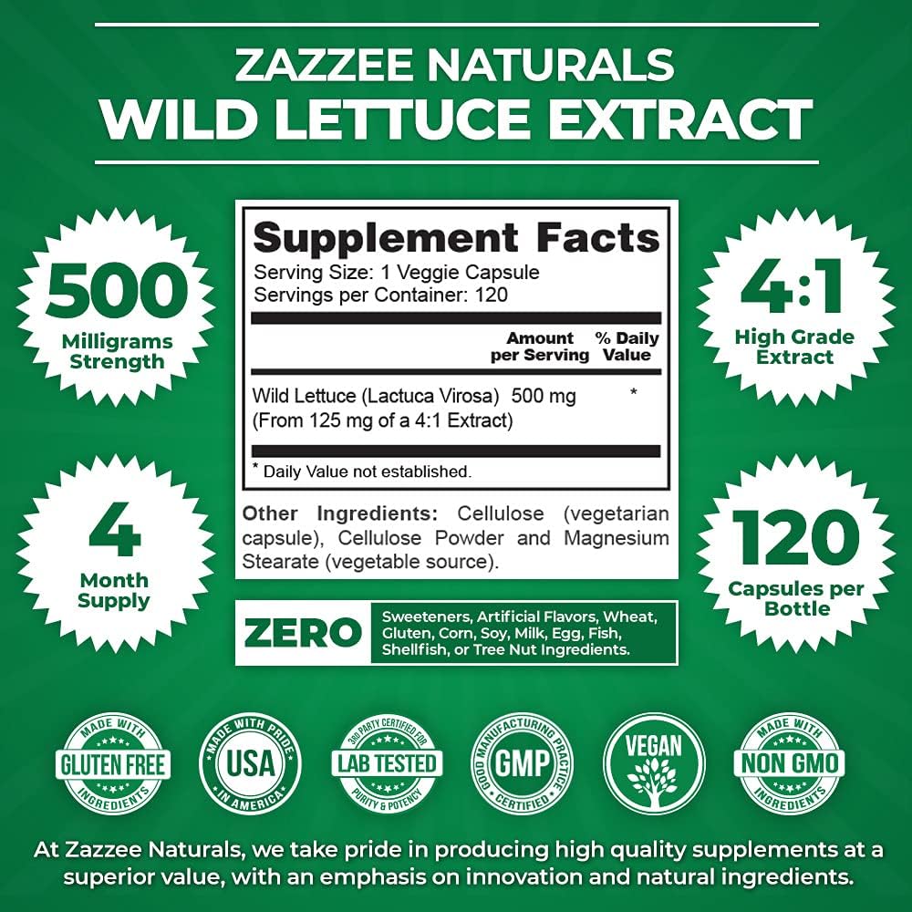 Zazzee Wild Lettuce Extract, 500 mg Strength per Capsule, 120 Vegan Capsules, Most Potent Lactuca Virosa Variety, Powerful 4X Extract, Vegan and Non-GMO
