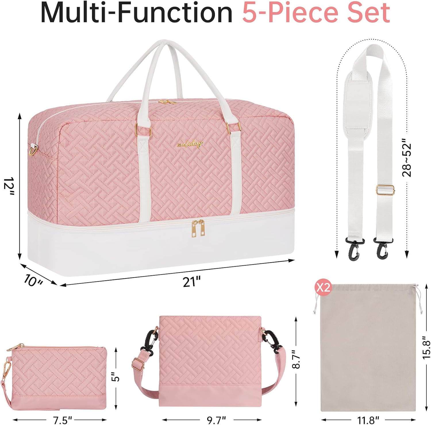 Weekender Bag for Women, 5 Pcs Set Carry on Overnight Bag, 21" Travel Duffel Bag with Waterproof Shoe Compartment for Weekend Travel Business Trip - Image 2