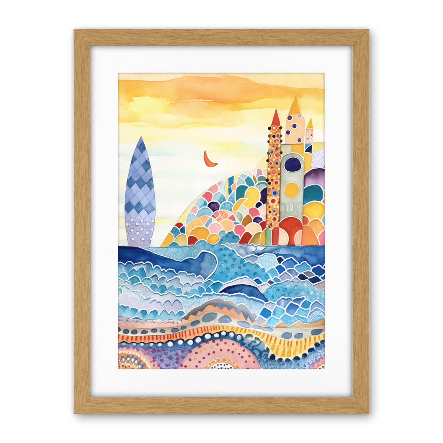 Artery8 Abstract Seascape Waves On Beach Folk Art Bathroom Artwork Framed Wall Art Print 18X24 Inch