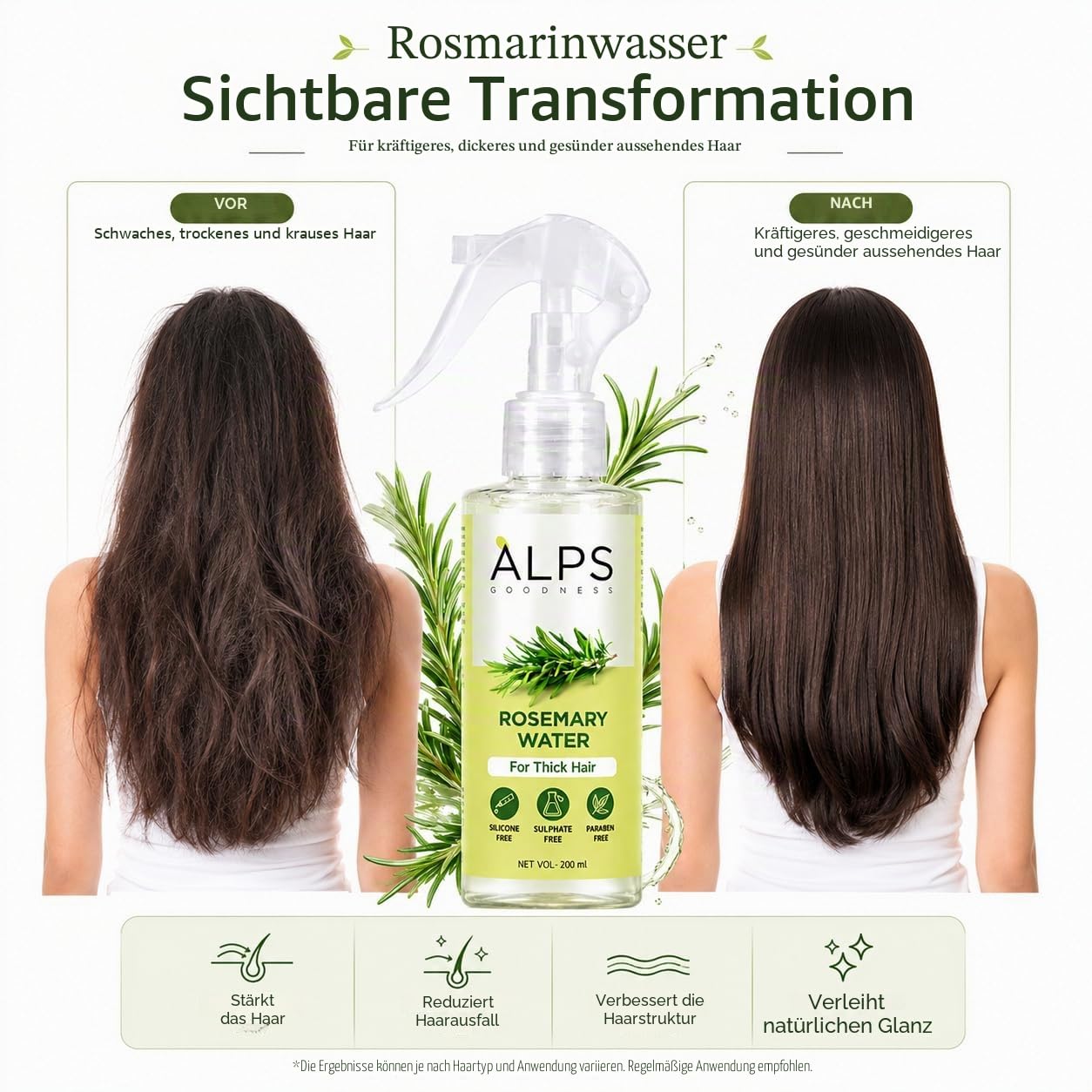 Alps Goodness Rosmarin-Wasserspray für das Haarwachstum, stärkt, belebt und verdickt das Haar, repariert Schäden und bekämpft Haarausfall, verleiht Glanz und reduziert Frizz, 6 Stück