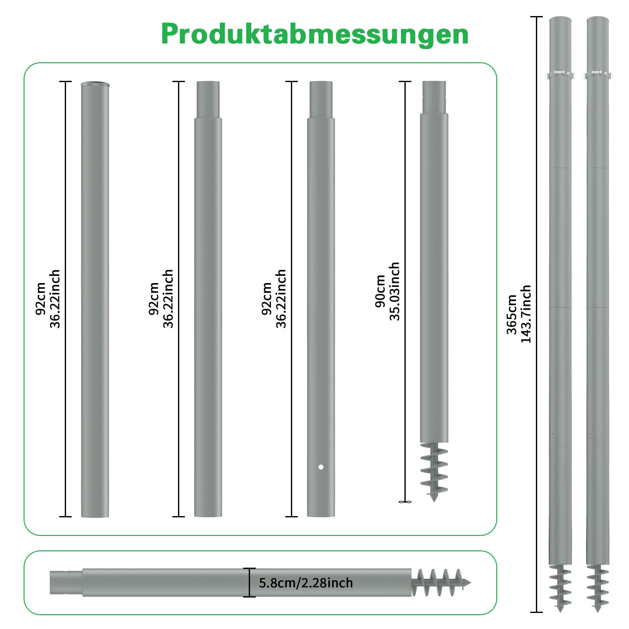 3,6M Sonnensegelmast Höhenverstellbar ⌀60mm, 2er Pack inkl. D-Ring. | für Terrasse, Garten, Pool, Sonnensegelpfosten ⌀60x3mm, rostfrei, wetterfest, verst. Stahlrohr, schnell montiert