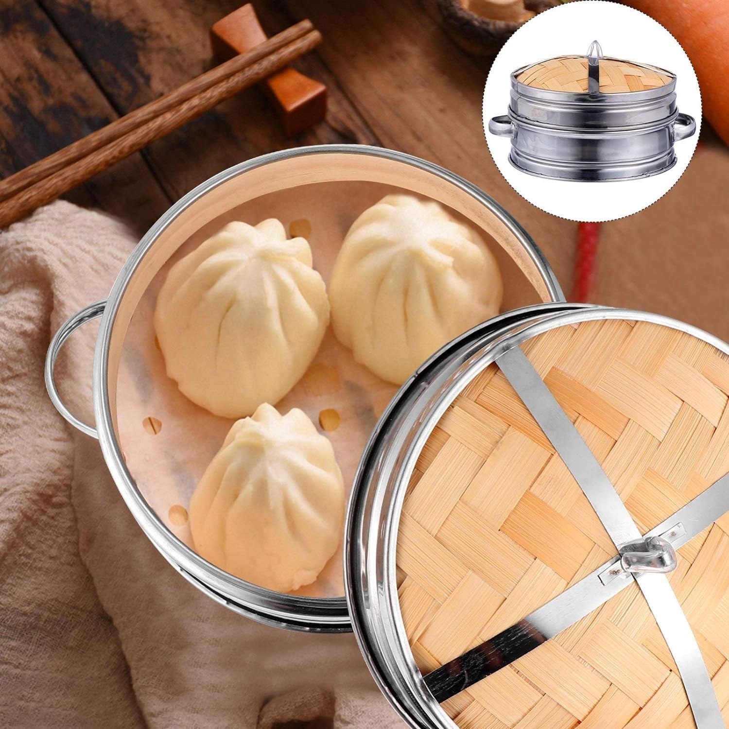 Parowar ze stali nierdzewnej z bambusa, 3-poziomowy parowar do jedzenia Dim Sum z pokrywką, koszyk do gotowania pierogów z uchwytem binauralnym, opcjonalna średnica zewnętrzna 18/20/22/26/30 cm(30cm)