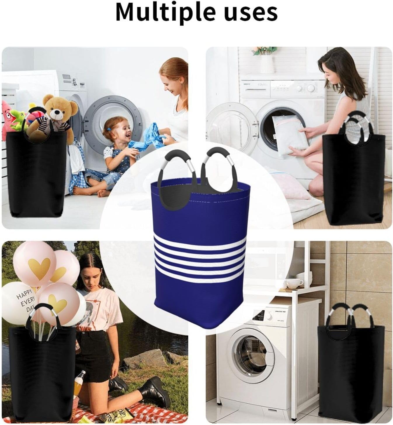 Large Laundry Basket, Blue and White Stripes on Navy Blue Laundry Hamper Bag Collapsible Washing Bin With Handles for College Dorm, Family Essentials Storage