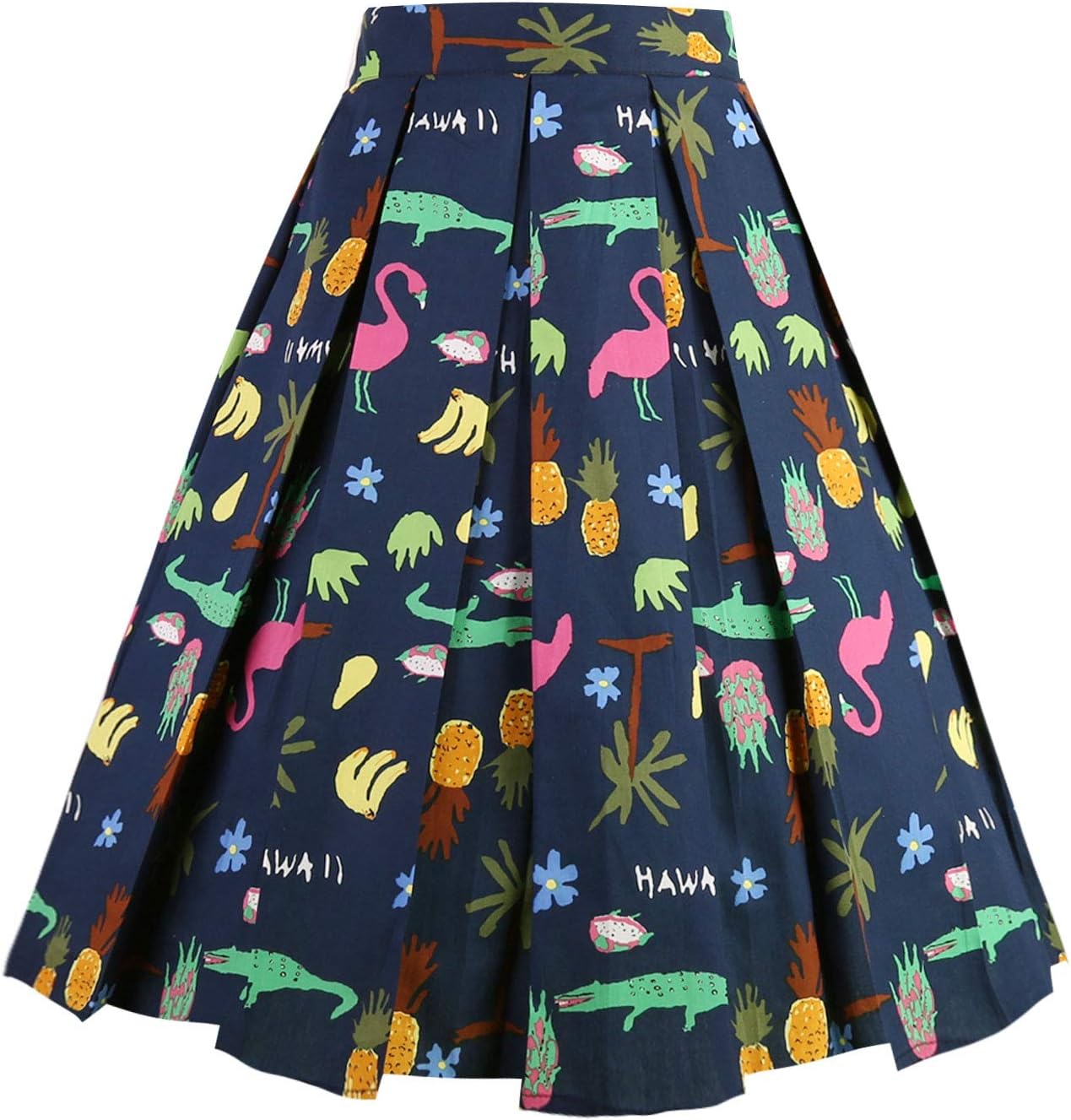 Dresstore Vintage Pleated Skirt Floral A-line Printed Midi Skirts with Pockets Tropical-Rainforest-S