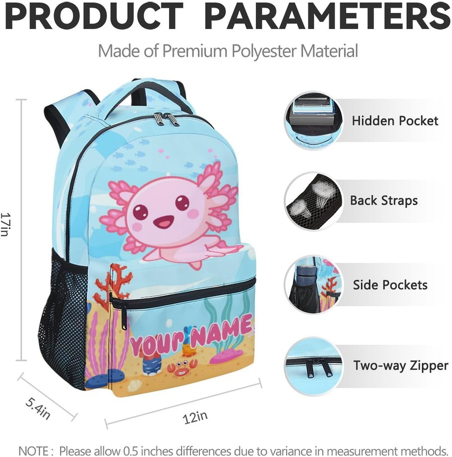 Custom Axolotl Backpack for School, 17 Inch Blue Backpacks for Kindergarten, Cute Lightweight Durable Bookbag for Kids