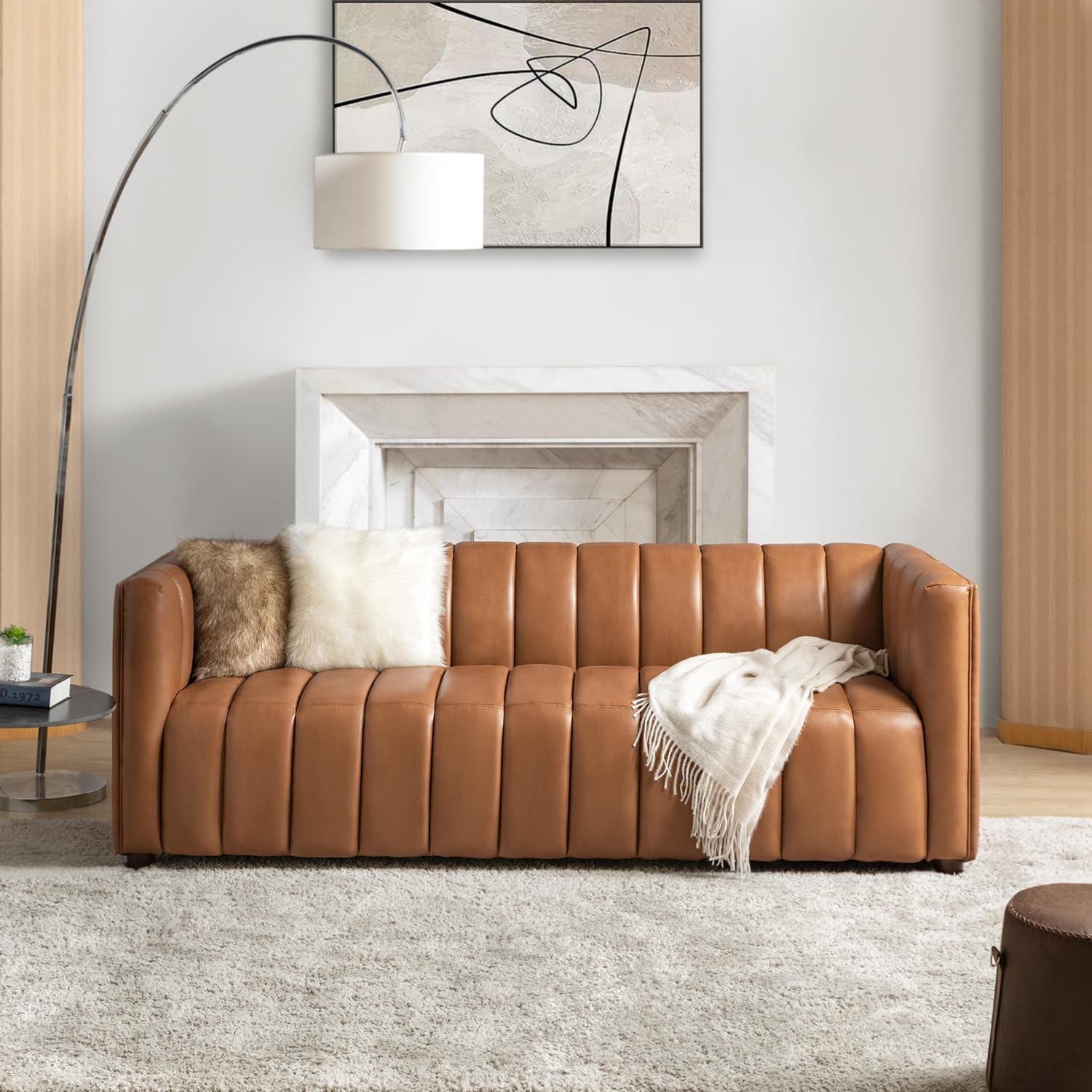 83" Genuine Leather Sofa, Modern 3-Seater Sofa with Wood Legs, Oversized Couch for Living Room Bedroom, Channel Tufted Design, Camel