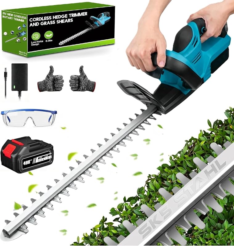 Tagliasiepi a batteria, 21 V, elettrico con batteria da 6,0 Ah, motore senza spazzole, lama da 52 cm, diametro di taglio fino a 1,5 cm, elettrico senza fili per giardino siepi (con 1 batteria)