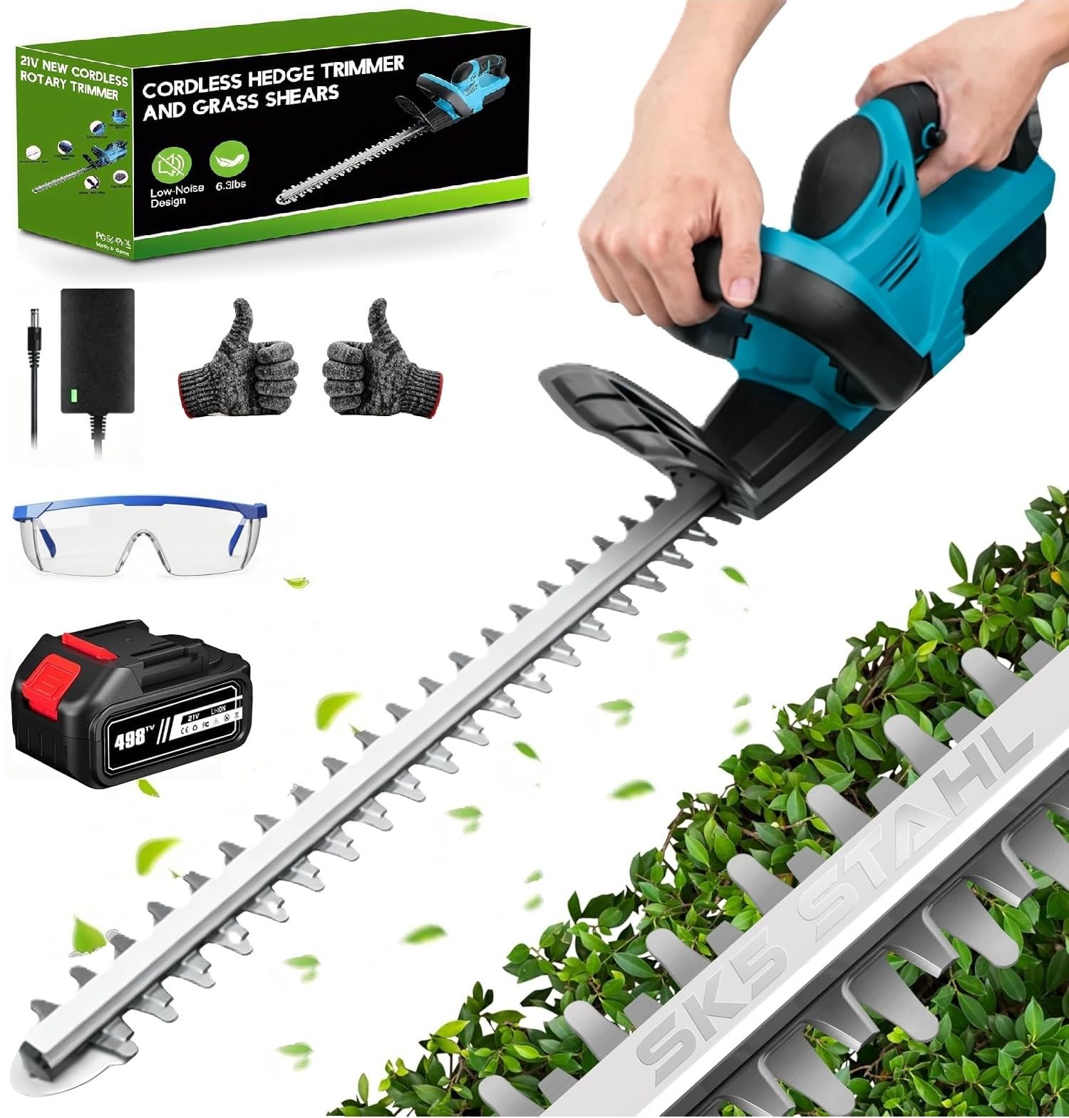 Cortasetos Bateria 21V, 1000W Cortasetos Electrico con 6,0 Ah Baterías, Cuchilla de 52 cm, Diámetro de Corte 15 mm, Doble Interruptor y Cuchilla Doble, Corta Setos Jardin Electrico (con 1 Batería)