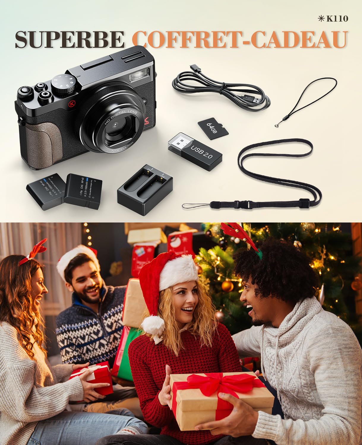 Appareil Photo Numérique 5K 64MP Autofocus Zoom 18x Écran IPS 3" Orientable 180° Carte 64GB 2 Batteries Noir