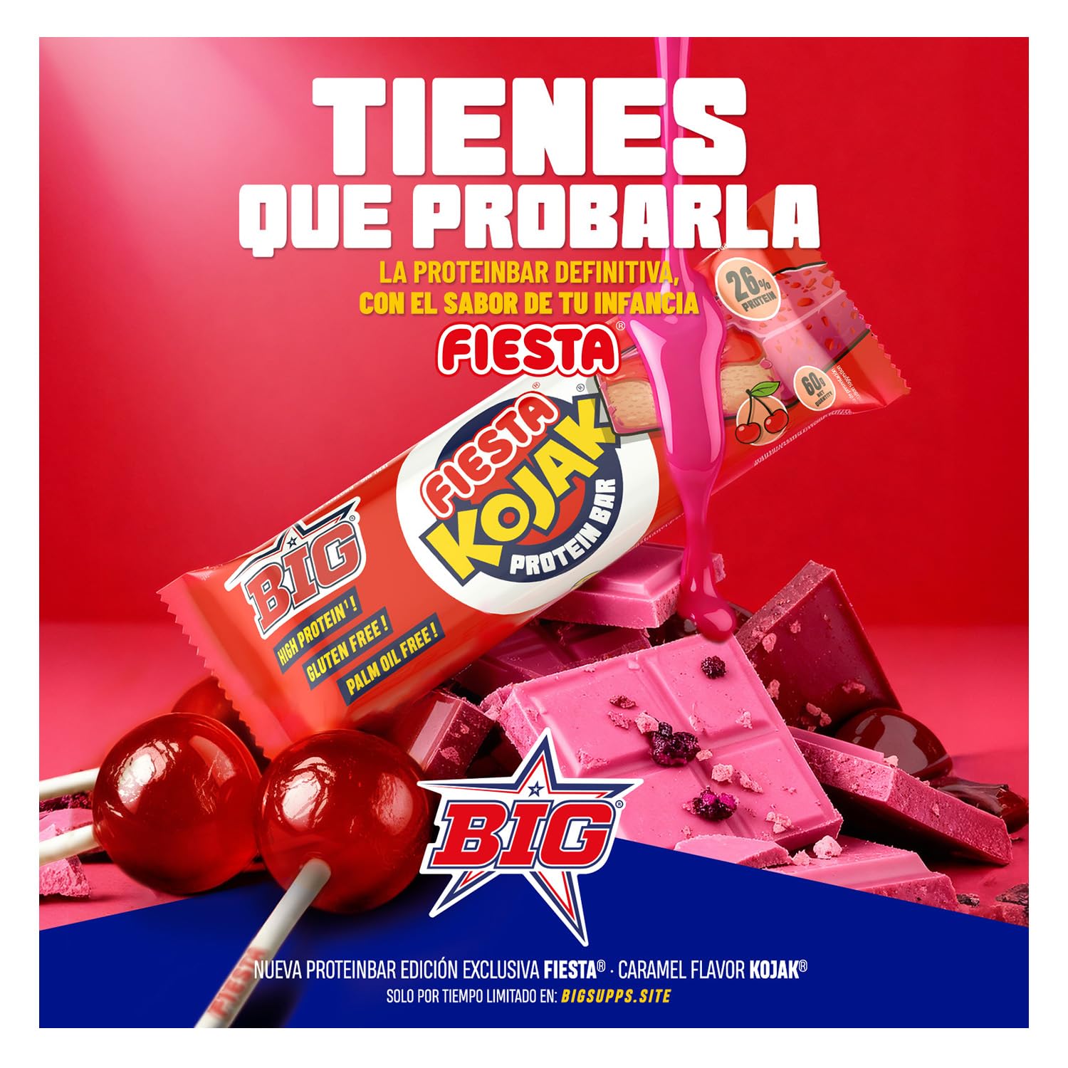 BIG - Fiesta Kojak Barritas Proteina 26gr de Proteina Caja 15 unidades con Toppings de Caramelo Sin Gluten y Sin Aceite de Palma para Recuperacion Muscular y Snack Saludable Post-Entreno