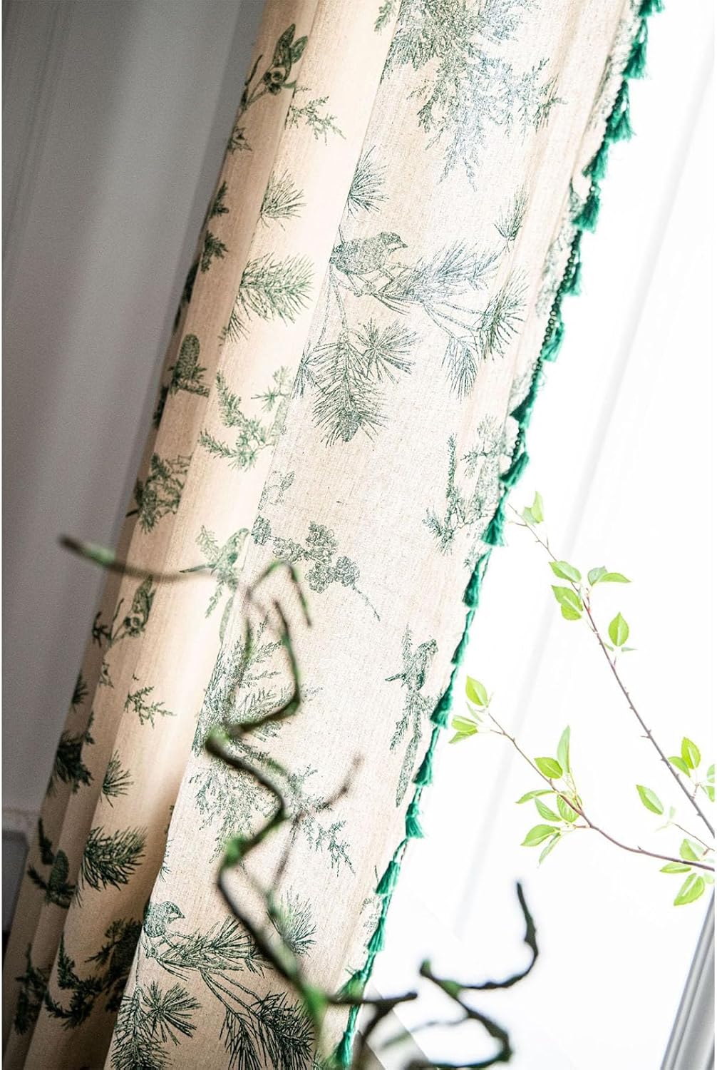 Green Birds Curtains for Living Room Boho Semi-Black Vintage Farmhouse Drapes Cotton Linen Bohemian Branches Window Curtain Panels with Tassel Rod Pocket Bedroom,1 Panel 59" W x 86" L