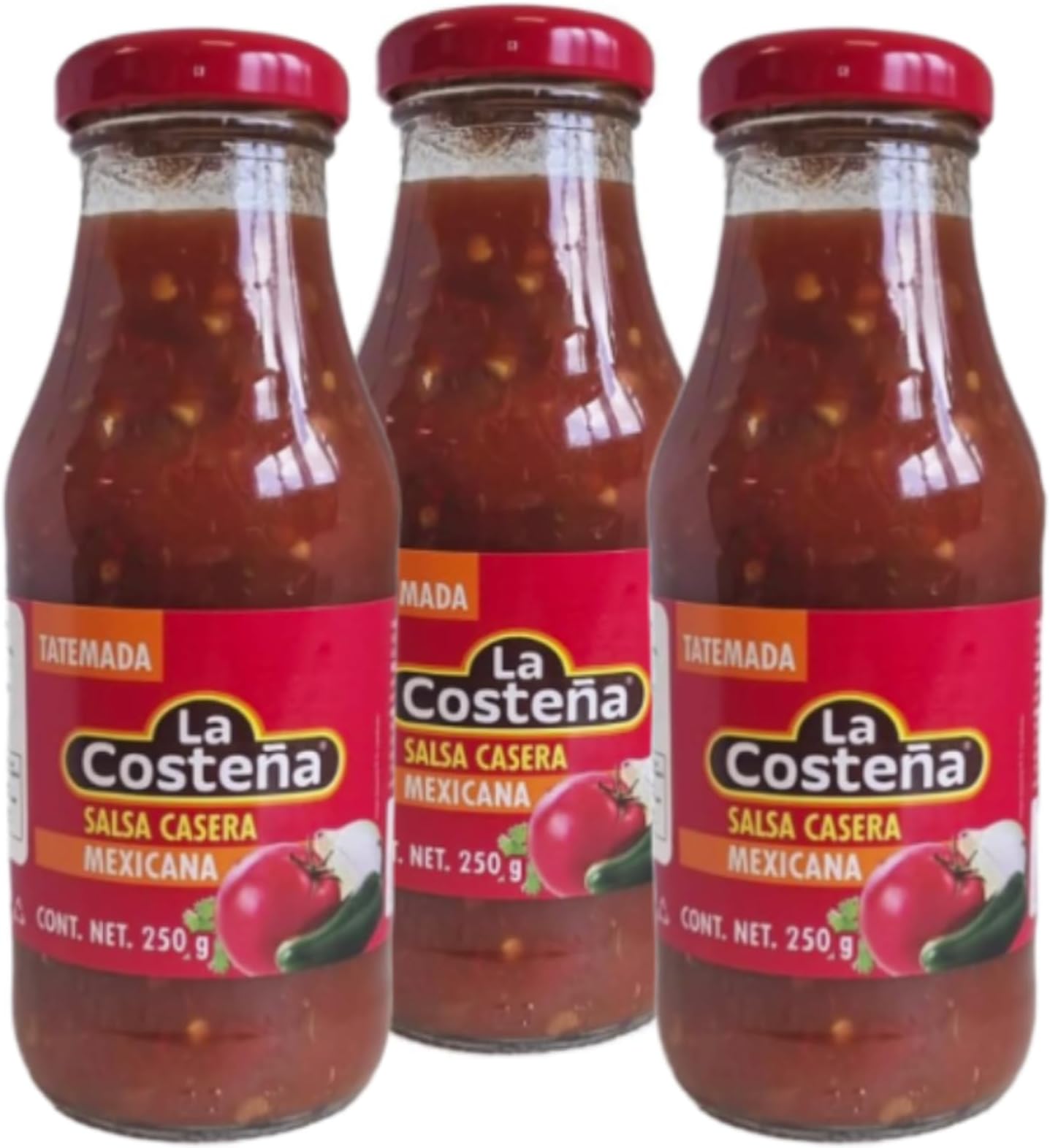 La Costeña Salsa Casera Pack of 3 x 250g- Homemade Mexican Tatemada Sauce - Hot, Spicy & Chunky Salsa Sauce for Nachos, Tacos,Quesadillas, Enchiladas.