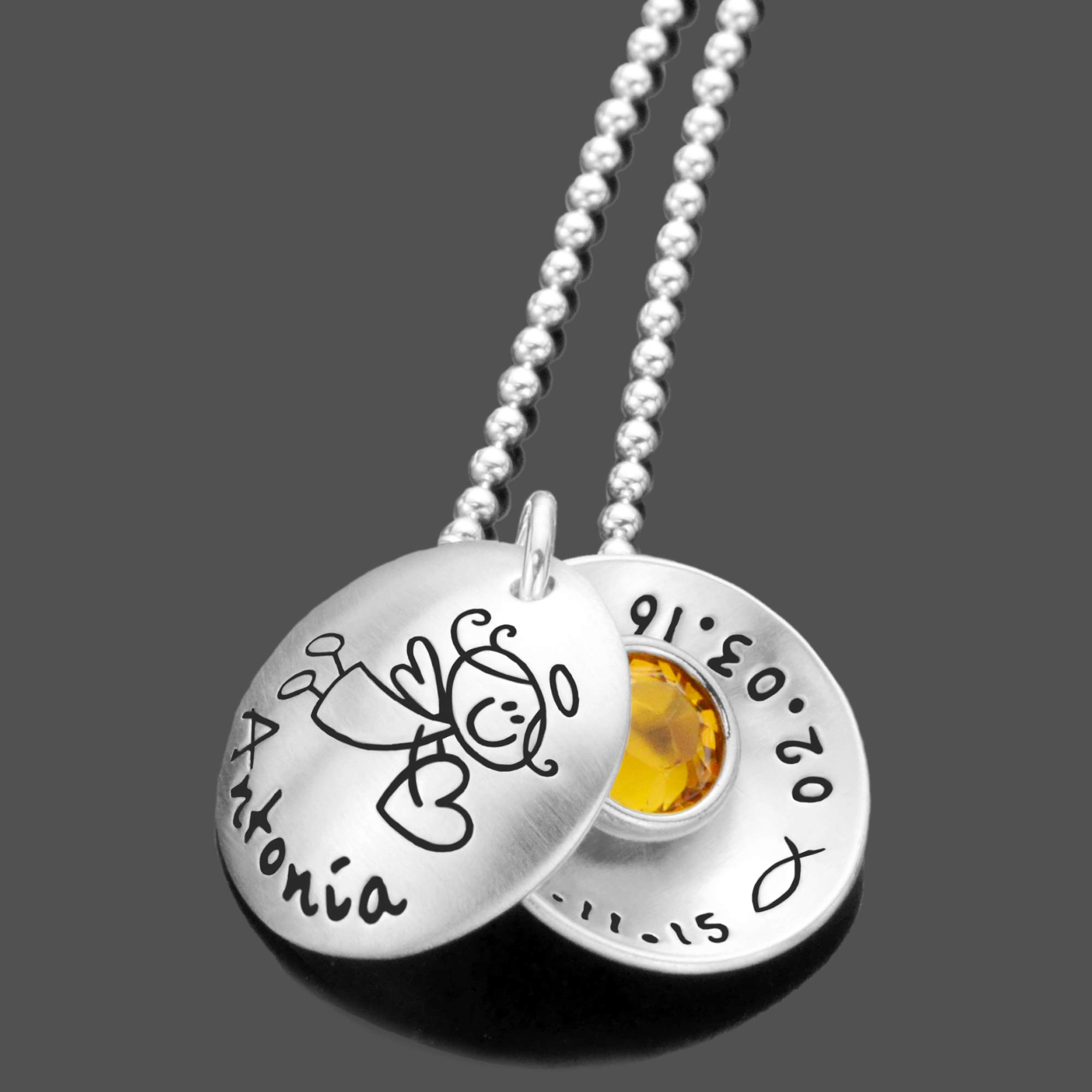 Taufkette Mädchen Gravur Silber Engel SEGENSBOTE 925 Taufgeschenk personalisiert Fisch Christenfisch Geburtsstein