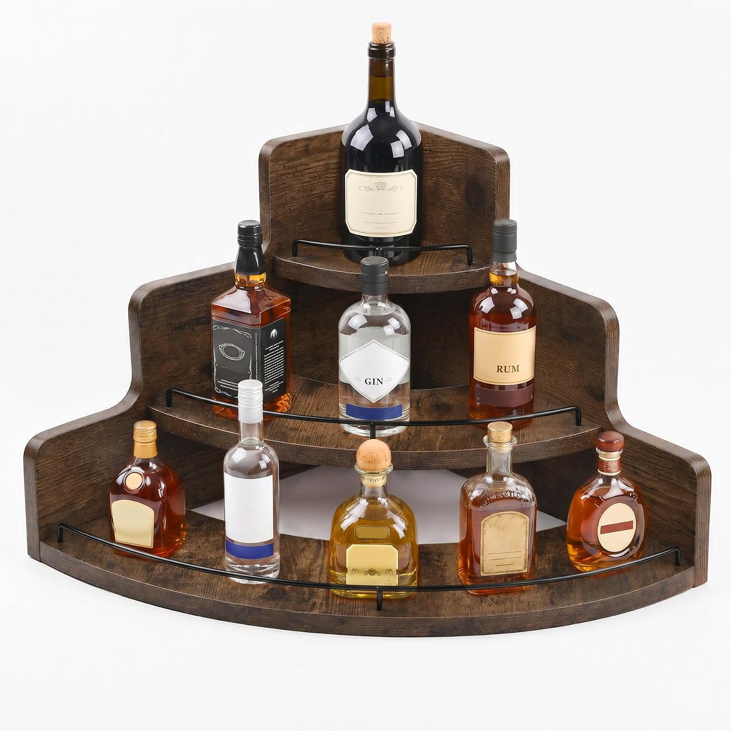 Pine Wood Corner Liquor Bottle Display Shelf, 3 Tier Countertop Bar Organizer with Protective Guardrails, Wine Rack & Whiskey Bourbon Stand for Home Bar, Kitchen Coffee Syrup Storage