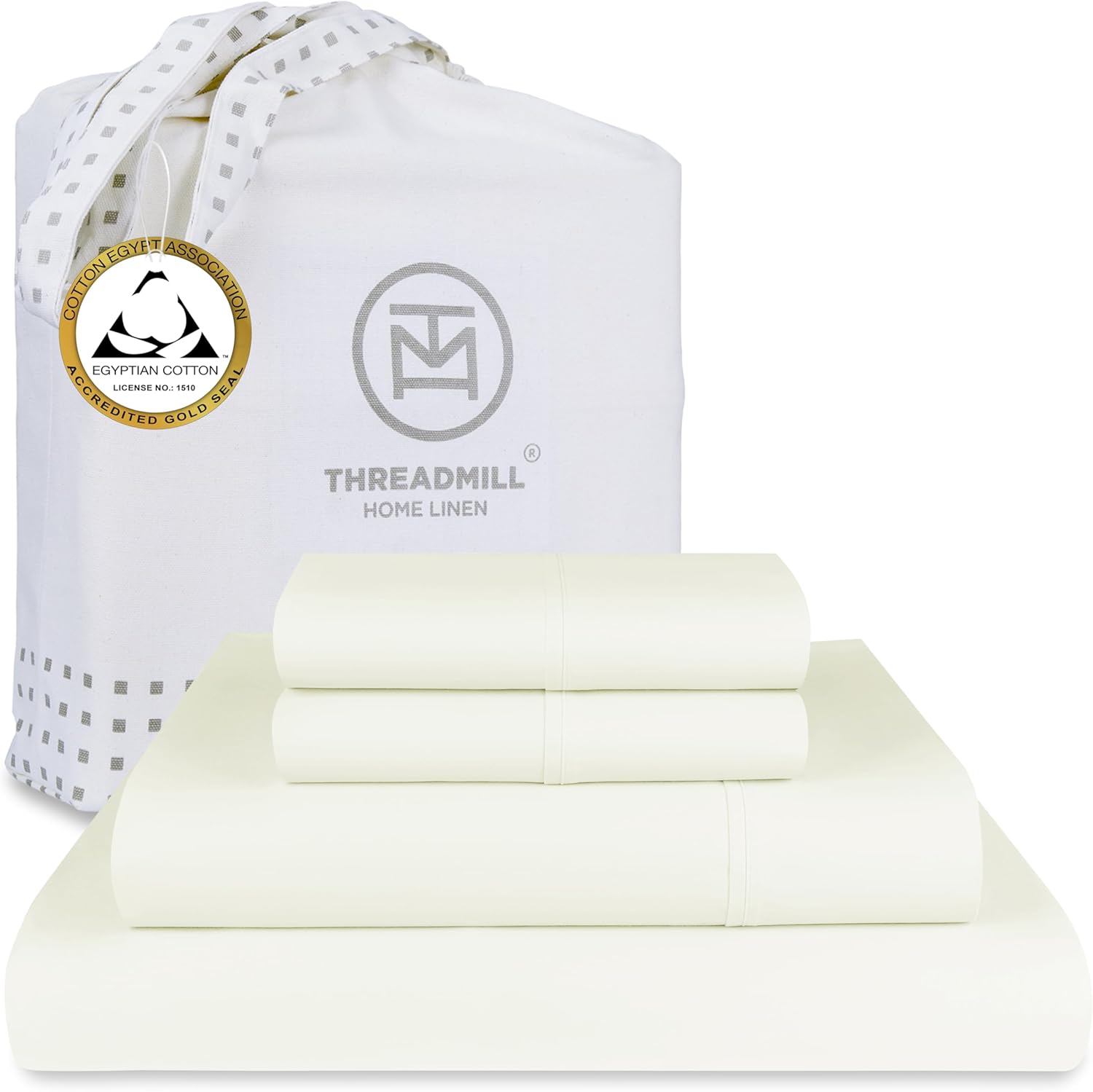 Threadmill Egyptian Cotton Queen Sheet Set | 100% Certified Egyptian Cotton Bed Sheets for Queen Size Bed | Queen Sheet Set with Deep Pocket | Soft Cooling Sateen Bedding Set | Ivory