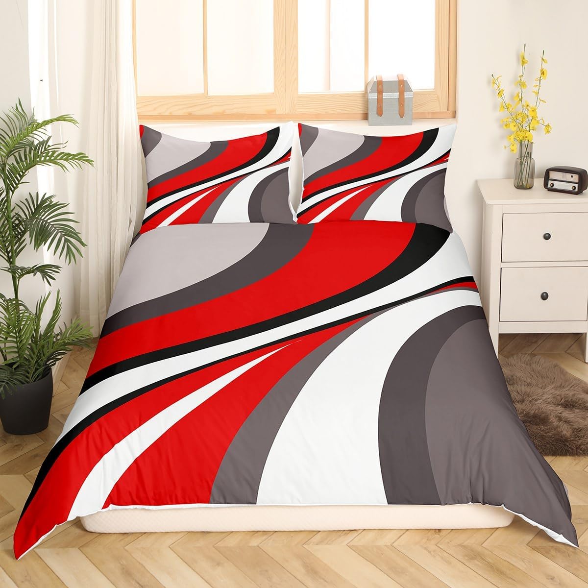 Erosebridal Geometric Bedding Set Twin Size, Girls Red White Grey Swirls Duvet Cover, Patchwork Comforter Cover, Modern Abstract Quilt Cover with 1 Pillow Case Zipper Bedroom Decor